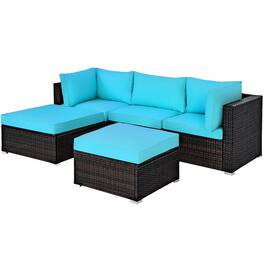 Costway - 5PCS Patio Rattan Sectional Conversation Set Ottoman - Turquoise