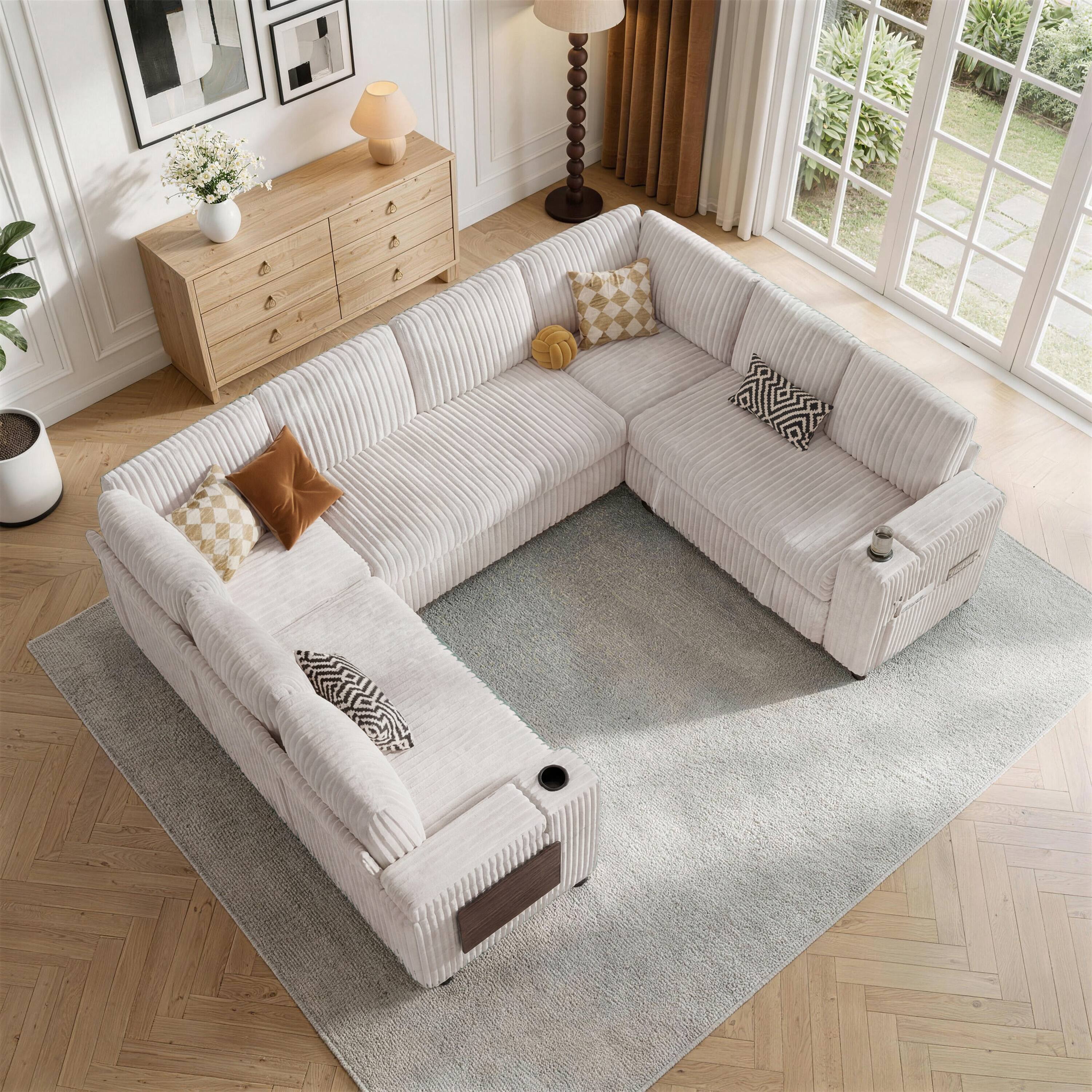 Angle. Dyonery - Dyonery 8 Seat Modular Sectional Sleeper Sofa with Pull Out Bed, L Shaped with Reclining Backrest,Corduroy Beige - Beige.