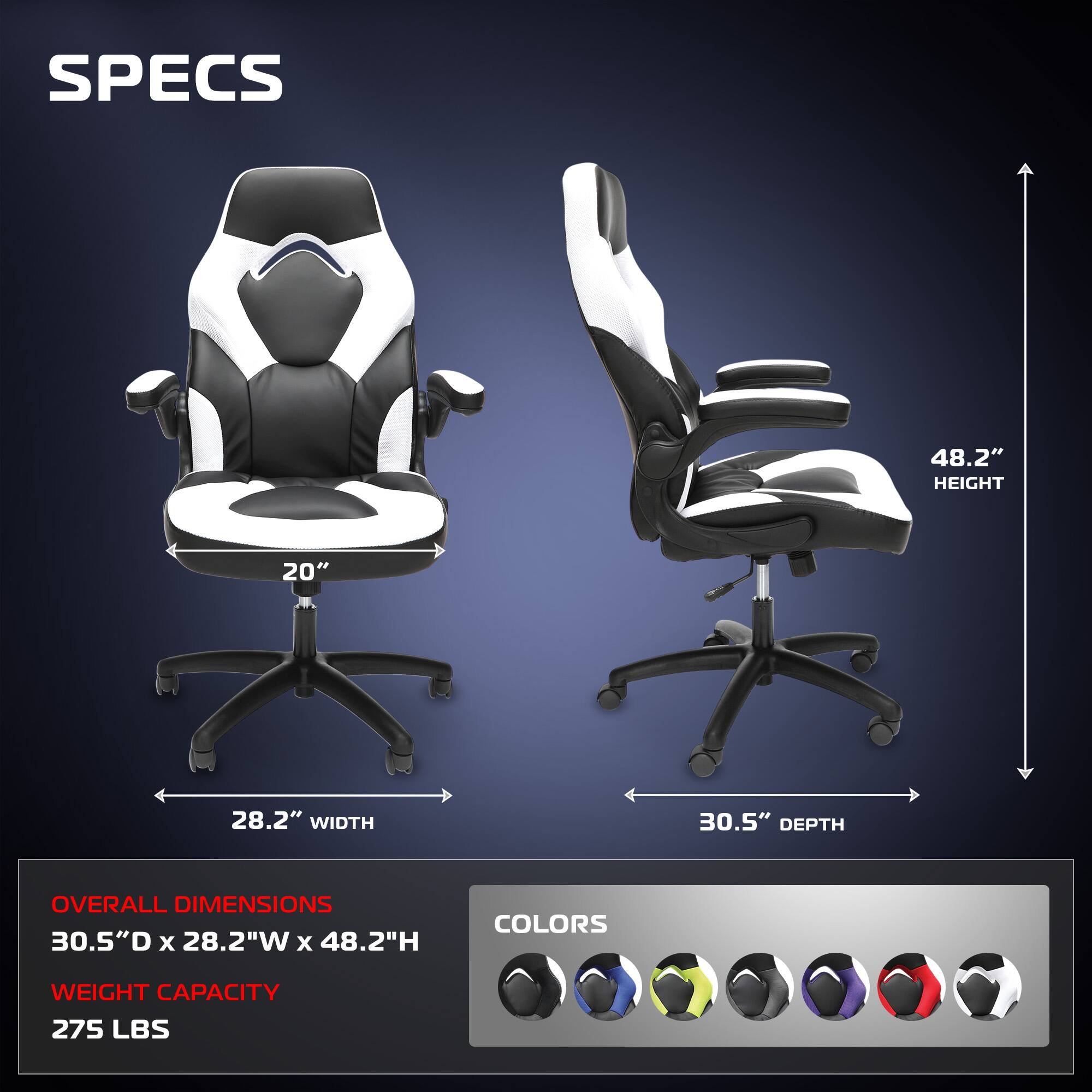 **SPECS**

- **HEIGHT:** 48.2"
- **WIDTH:** 28.2"
- **DEPTH:** 30.5"
- **OVERALL DIMENSIONS:** 30.5"D x 28.2"W x 48.2"H
- **WEIGHT CAPACITY:** 275 LBS

**COLORS**