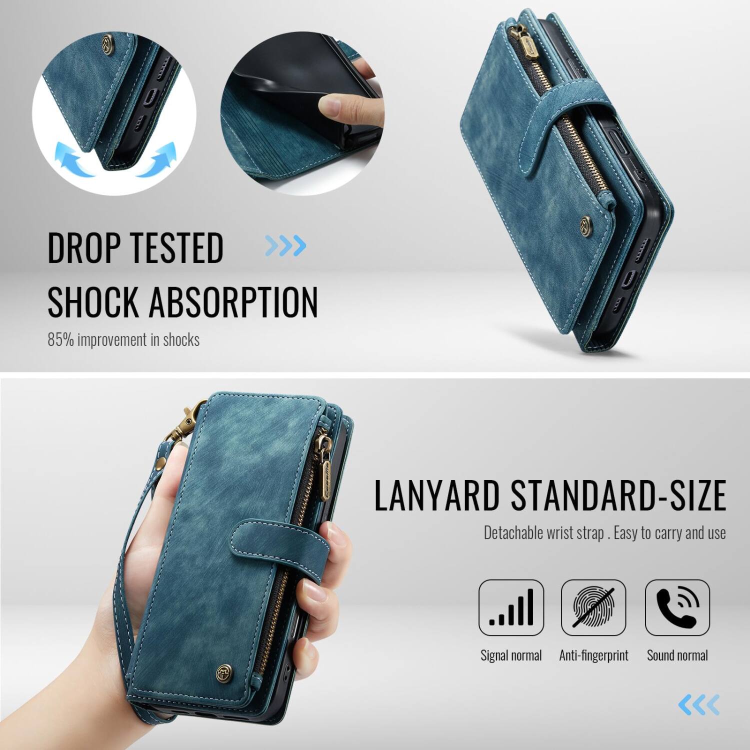DROP TESTED >>> SHOCK ABSORPTION  
85% improvement in shocks  

LANYARD STANDARD-SIZE  
Detachable wrist strap. Easy to carry and use  

Signal normal  
Anti-fingerprint  
Sound normal