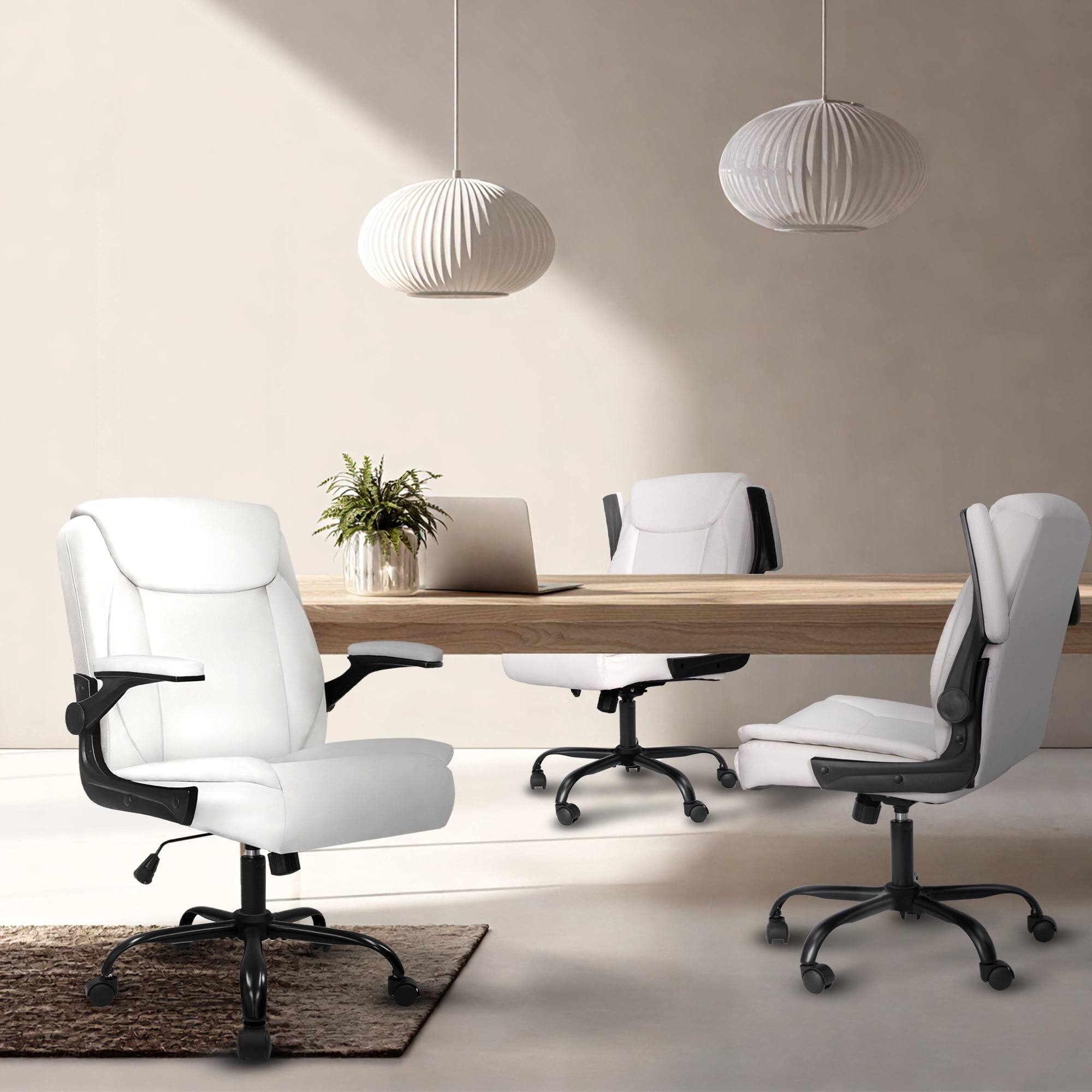 Alt View 7. Neo Chair - Leather Office Chair, Ergonomic Mid-Back Computer Chair with Flip-Up Armrests, Padded Cushion & Swivel Wheels - 1. White.