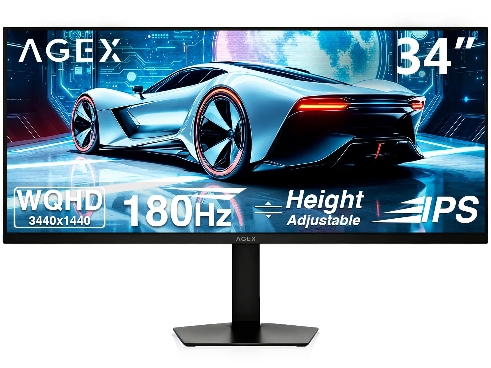 AGEX - AG34W 34" Ultrawide WQHD IPS Gaming Monitor, 3440x1440, 180Hz, 1ms MPRT, 21:9, HDR10, FreeSync, Adjustable Stand - Black