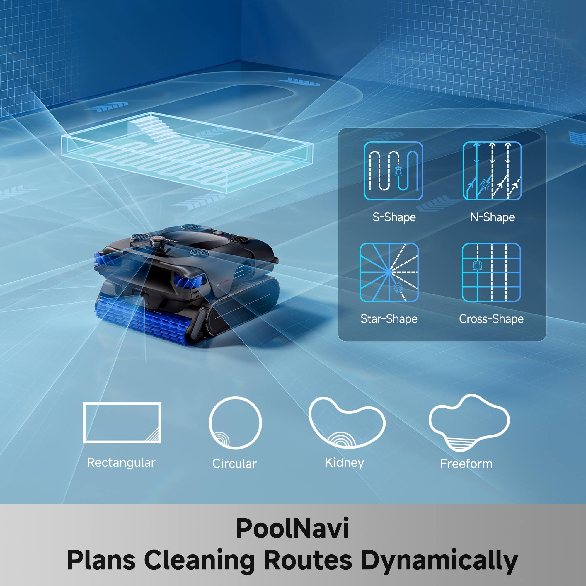 Navi Plans Cleaning Routes Dynamically

Pool Shapes:
- S-Shape
- N-Shape
- Star-Shape
- Cross-Shape
- Rectangular
- Circular
- Kidney
- Freeform