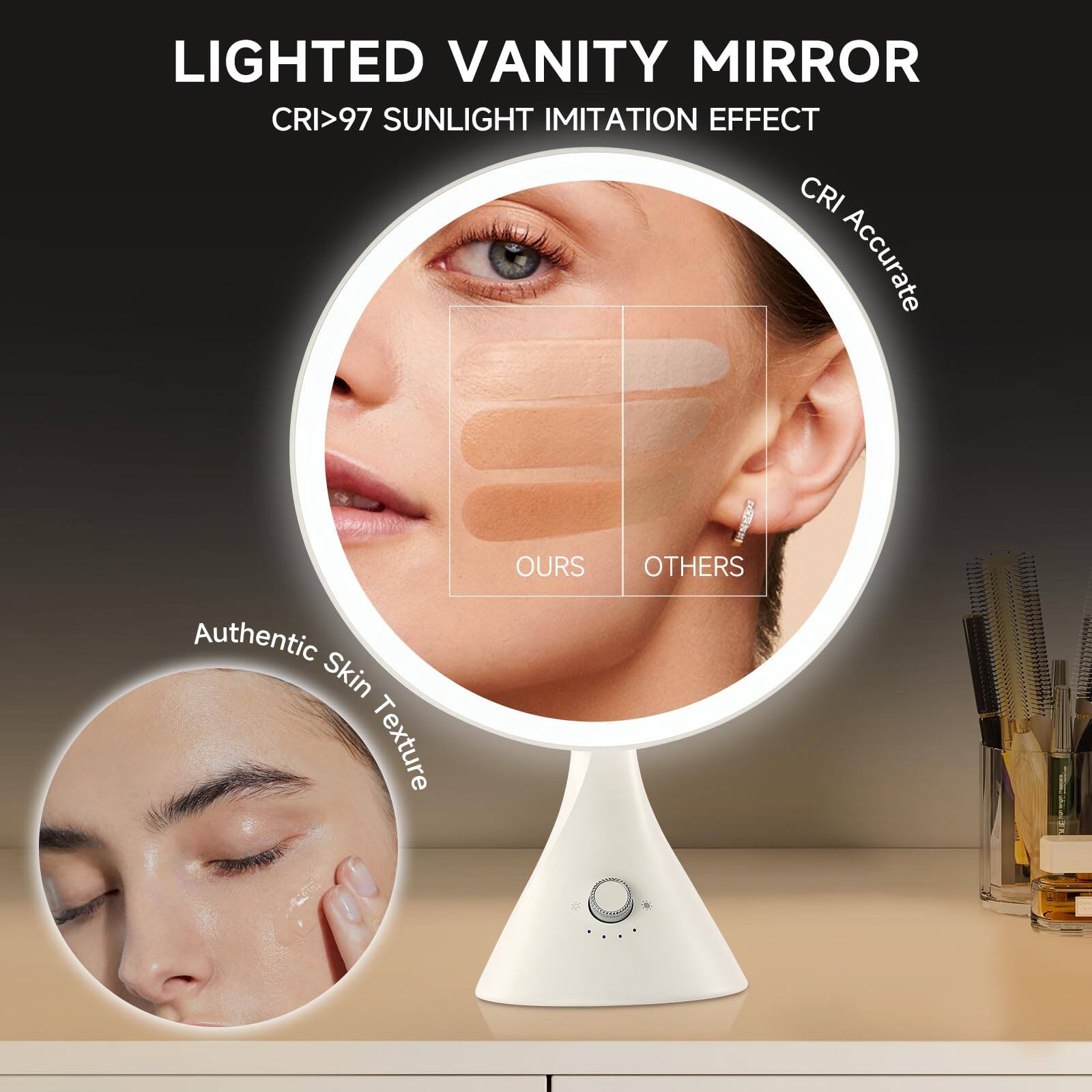 LIGHTED VANITY MIRROR  
CRI>97 SUNLIGHT IMITATION EFFECT  

CRI Accurate  
Authentic Skin Texture  

OURS  
OTHERS