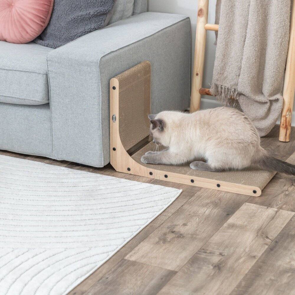 Left. TRIXIE - 25.6" L-Shaped Cat Scratching Board Catnip & Silvervine with Built-In Ball Toy - Natural.
