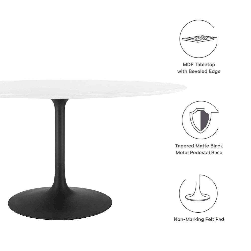 MDF Tabletop with Beveled Edge  
Tapered Matte Black Metal Pedestal Base  
Non-Marking Felt Pad
