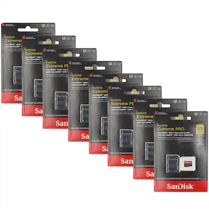 - SanDisk Extreme microSDXC UHS-I carte microSDXC
- SanDisk Extreme ACTON microSDXC UHS-I carte microSDXC
- SanDisk Extreme PRO microSDXC UHS-I carte microSDXC
- SanDisk Extreme PRO microSDXC UHS-I carte microSDXC with adapter