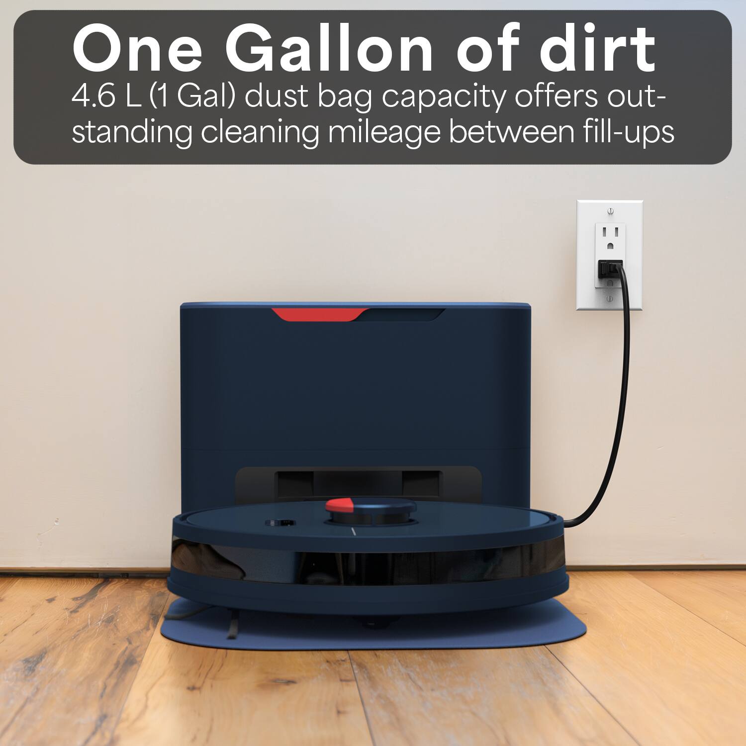 One Gallon of dirt  
4.6 L (1 Gal) dust bag capacity offers outstanding cleaning mileage between fill-ups
