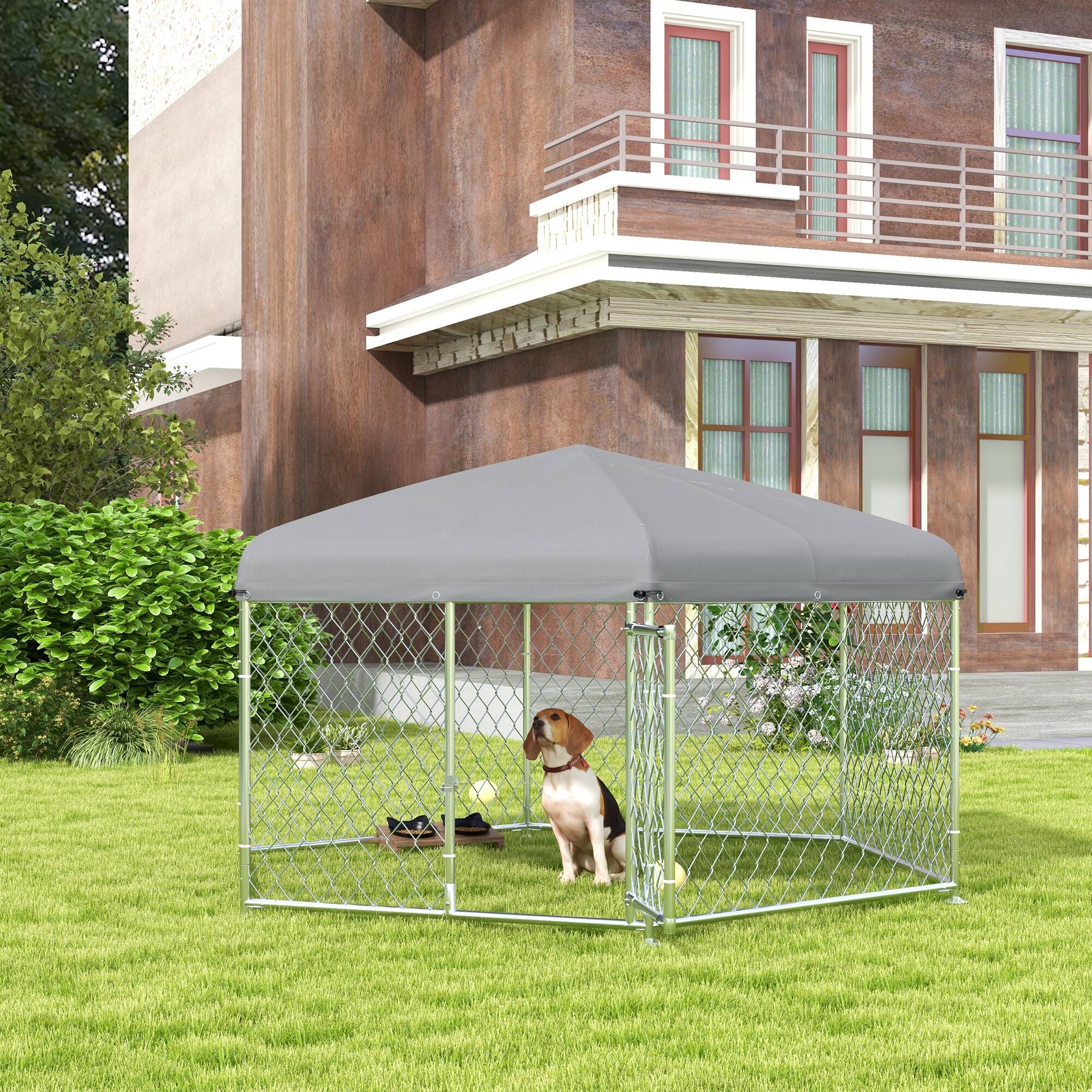 Alt View 5. Siljoy - Outdoor Dog Kennel with UV Roof, Lockable Door, 28 sq ft Galvanized Steel Run for Medium/Large Dogs.