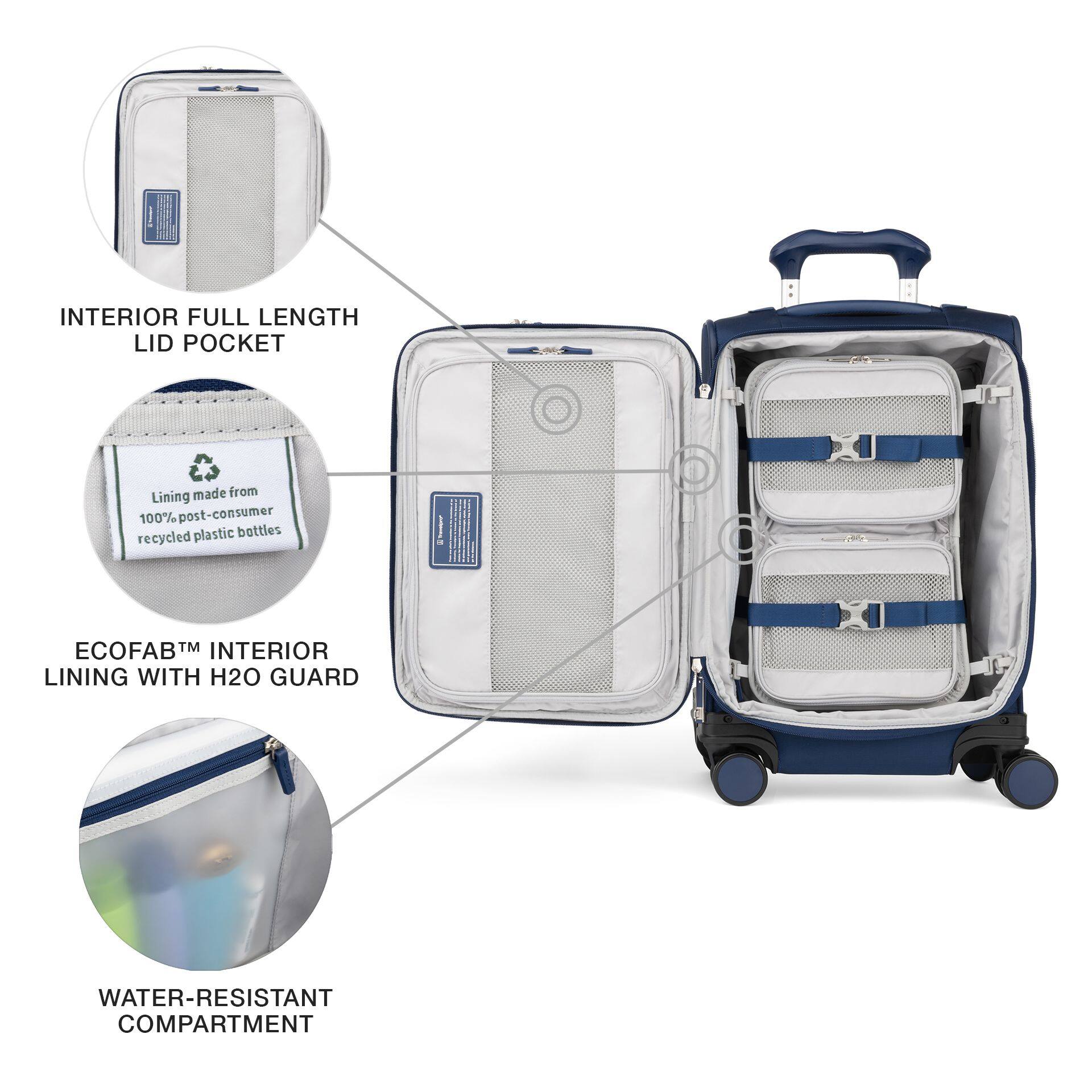 INTERIOR FULL LENGTH LID POCKET

Lining made from 100% post-consumer recycled plastic bottles

ECOFAB™ INTERIOR LINING WITH H2O GUARD

WATER-RESISTANT COMPARTMENT