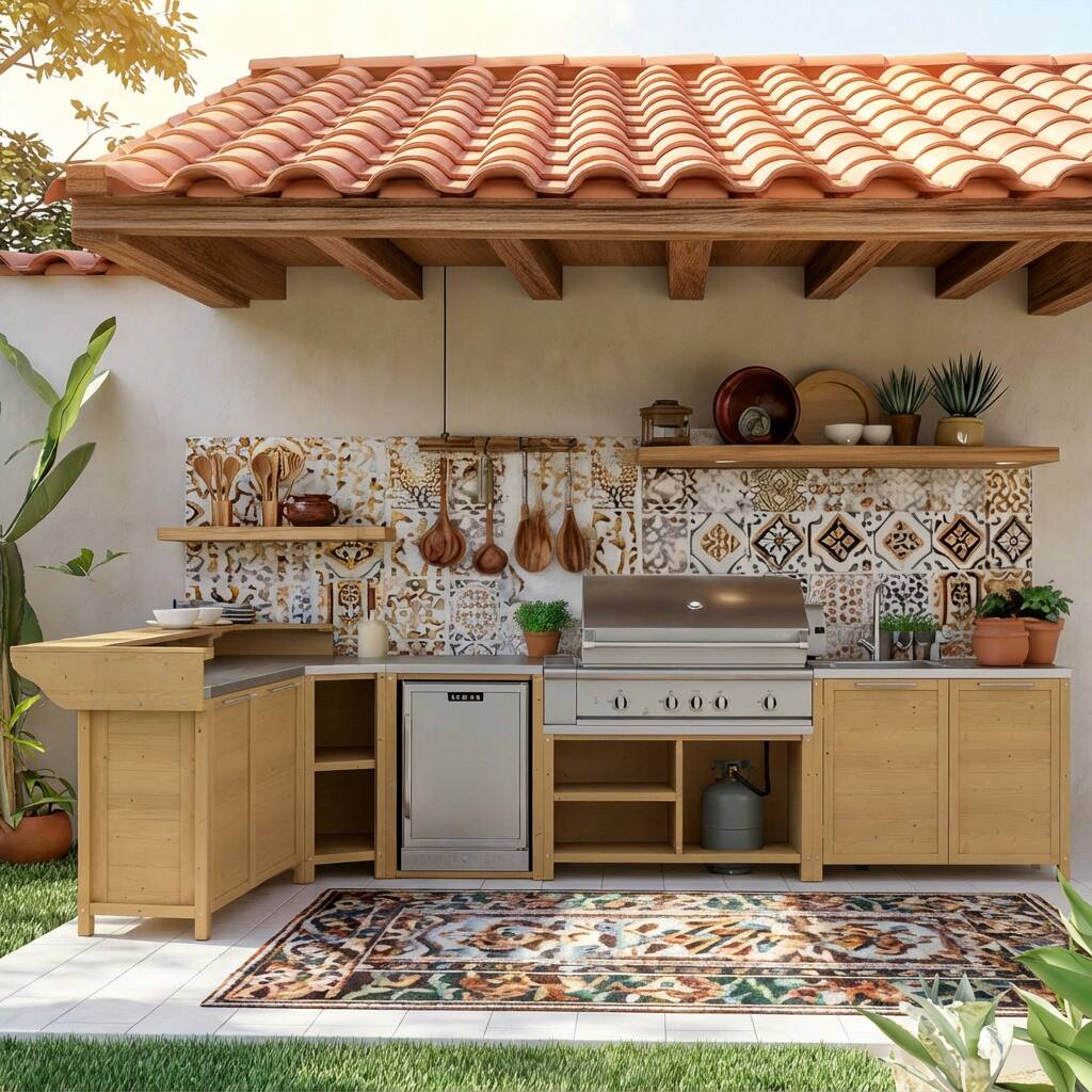 Back. Famapy - Modular Solid Cedar Outdoor Kitchen Cabinets - All-Weather Storage with Stainless Steel Top for Patio, Grill Station - Wooden.