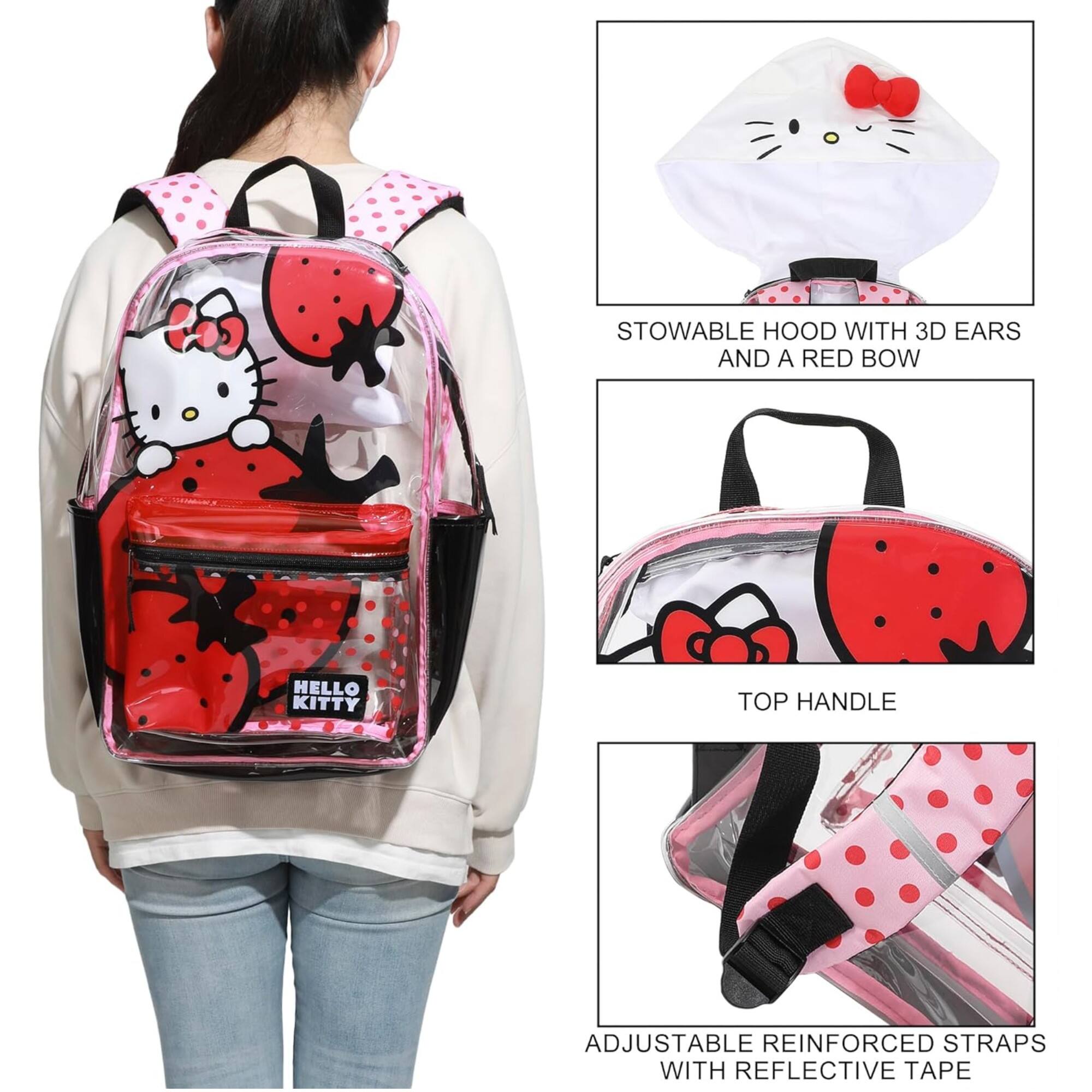 STOWABLE HOOD WITH 3D EARS AND A RED BOW  
HELLO KITTY  
TOP HANDLE  
ADJUSTABLE REINFORCED STRAPS WITH REFLECTIVE TAPE