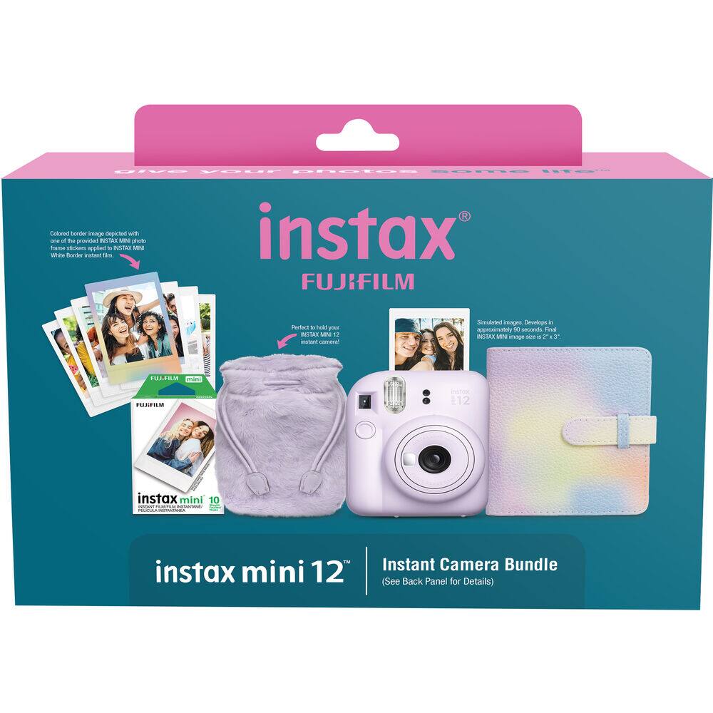 GIVE YOUR PHOTOS SOME LIFE!

instax®
FUJIFILM

Colored border frames depicted with one of the provided INSTAX MINI photo frame stickers applied to INSTAX MINI White Border sticker film.

Perfect to hold your instant camera.

Simulated images. Develop in approximately 90 seconds. Final INSTAX MINI image size is 2" x 3".

instax mini 10
FUJIFILM

instax mini 12™
Instant Camera Bundle
(See Back Panel for Details)