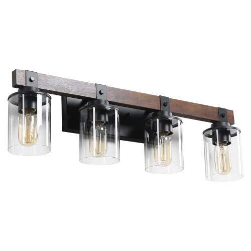 Alt View 2. LUCKY ONE - 27in Rustic 4-Light Vanity Light, Industrial Farmhouse Bathroom Sconce with Wood Accent - Walnut.