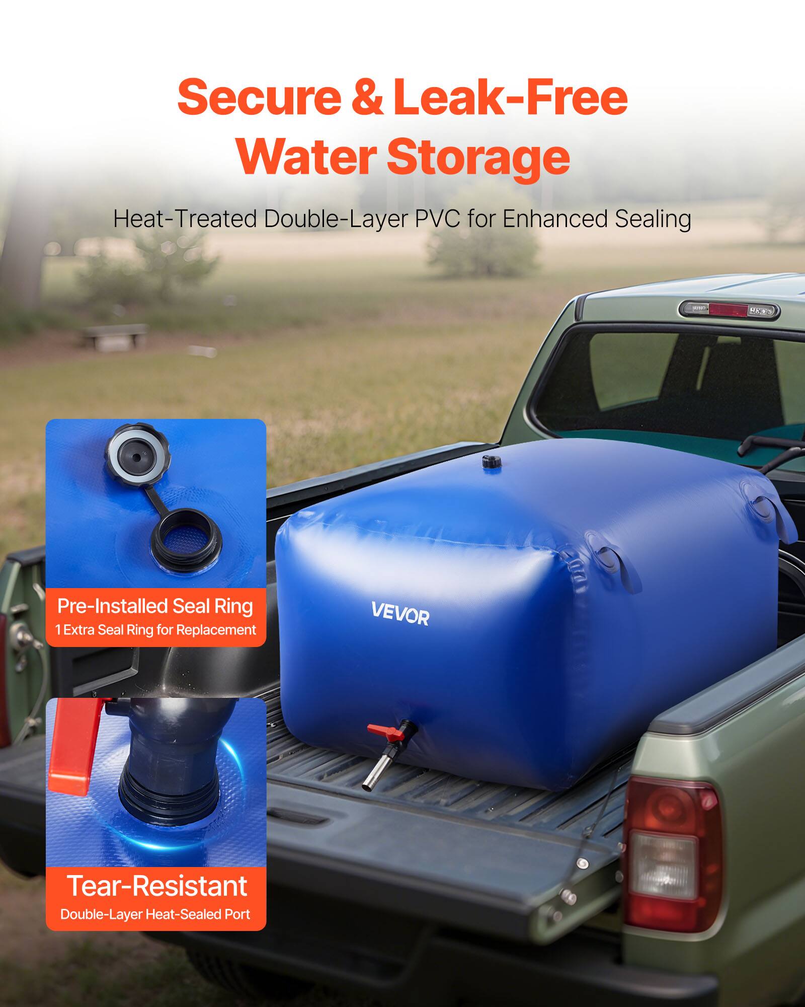 Secure & Leak-Free Water Storage

Heat-Treated Double-Layer PVC for Enhanced Sealing

Pre-Installed Seal Ring
1 Extra Seal Ring for Replacement

Tear-Resistant
Double-Layer Heat-Sealed Port