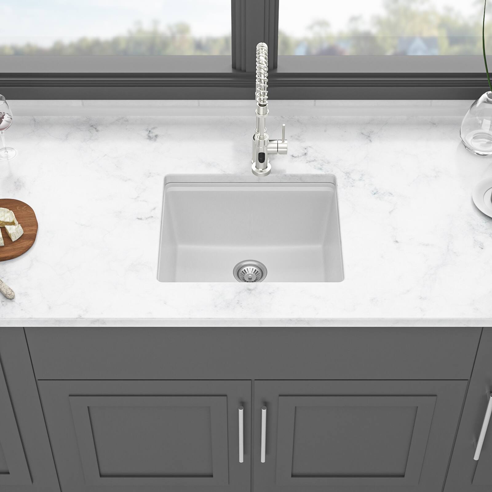 Left. Siljoy - Quartz Kitchen Sink - 21x18" White granite composite Workstation undermount kitchen sink - White.