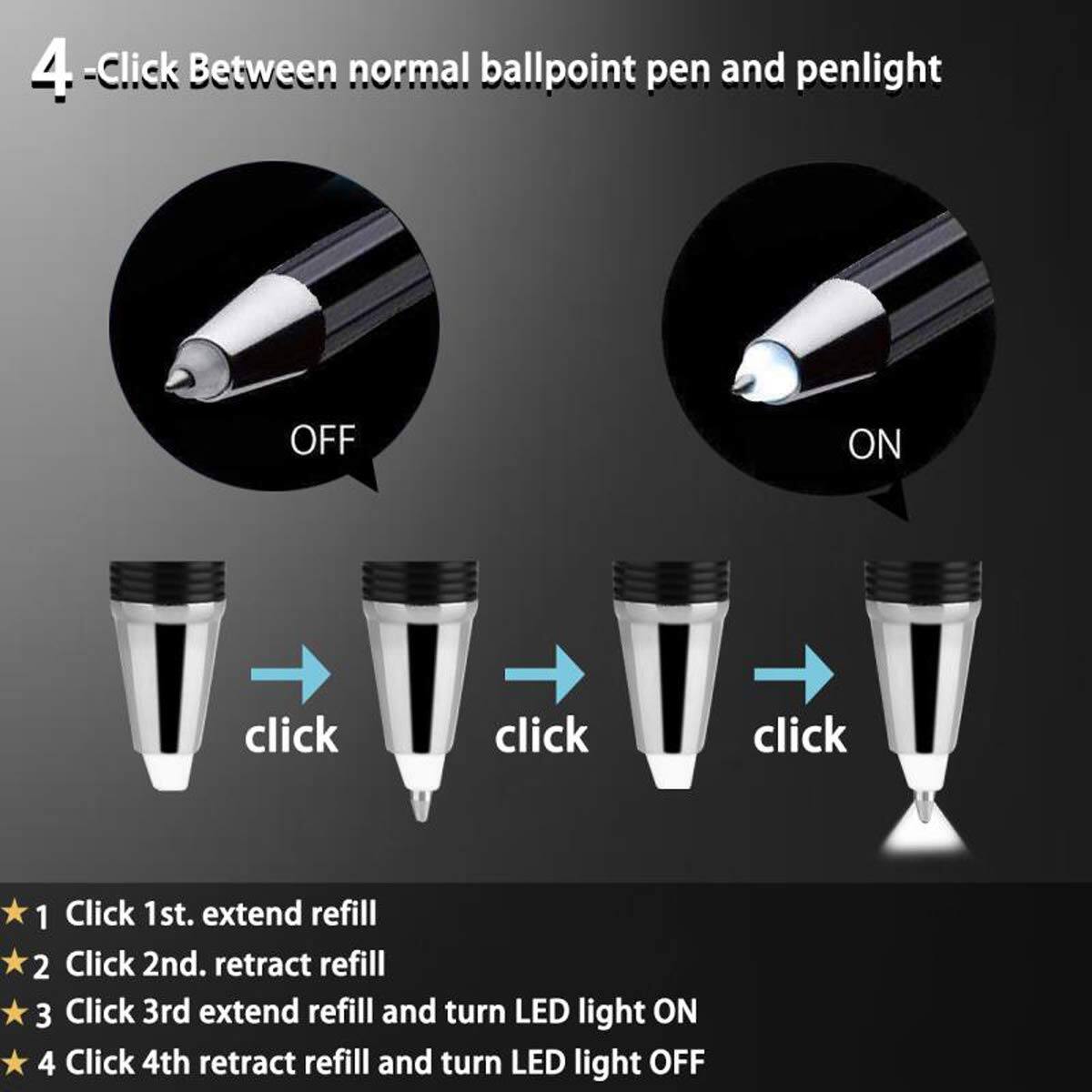 4 - Click Between normal ballpoint pen and penlight

1. Click 1st: extend refill
2. Click 2nd: retract refill
3. Click 3rd: extend refill and turn LED light ON
4. Click 4th: retract refill and turn LED light OFF