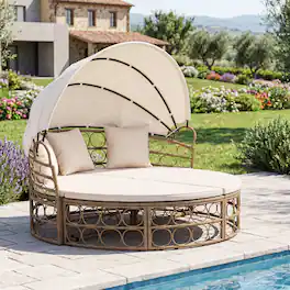 Costway - Outdoor Patio Daybed w/ Retractable Canopy & Cushions - White