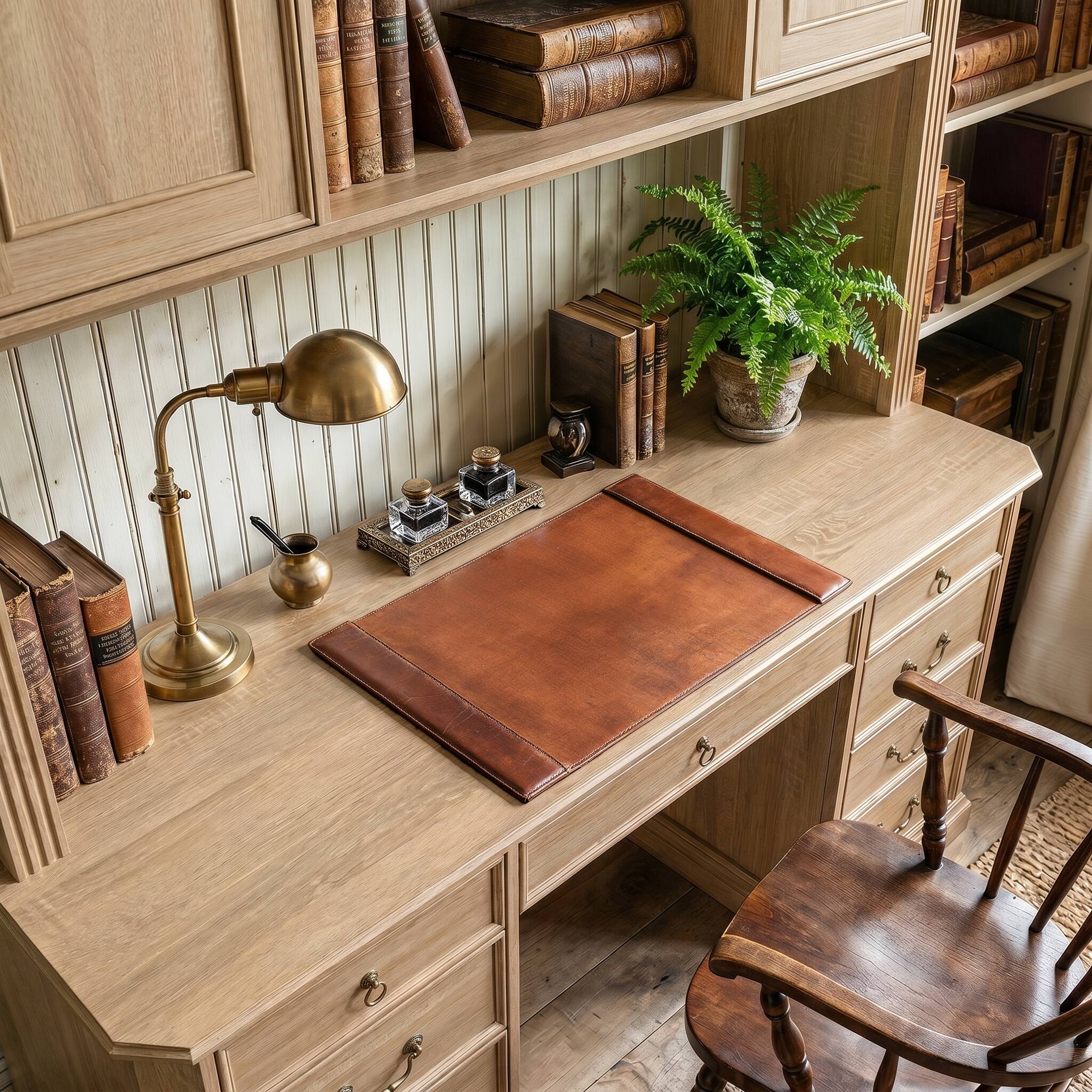 Alt View 3. Famapy - Bookcase Desk with Hutch & Drawers, Large Computer Desk with Arched Shelves for Home Library Student Writing Station - Light Wooden.
