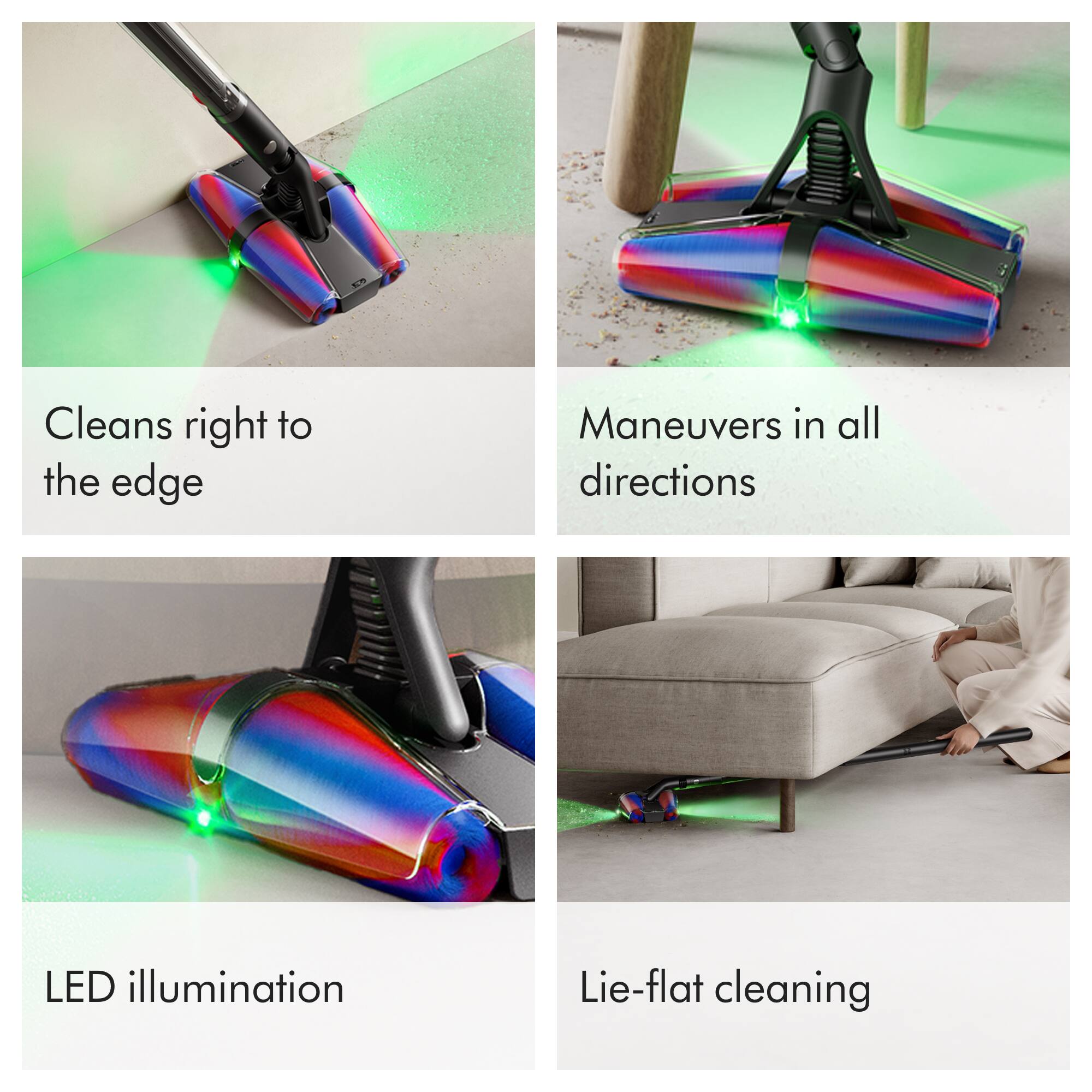 - Cleans right to the edge
- Maneuvers in all directions
- LED illumination
- Lie-flat cleaning