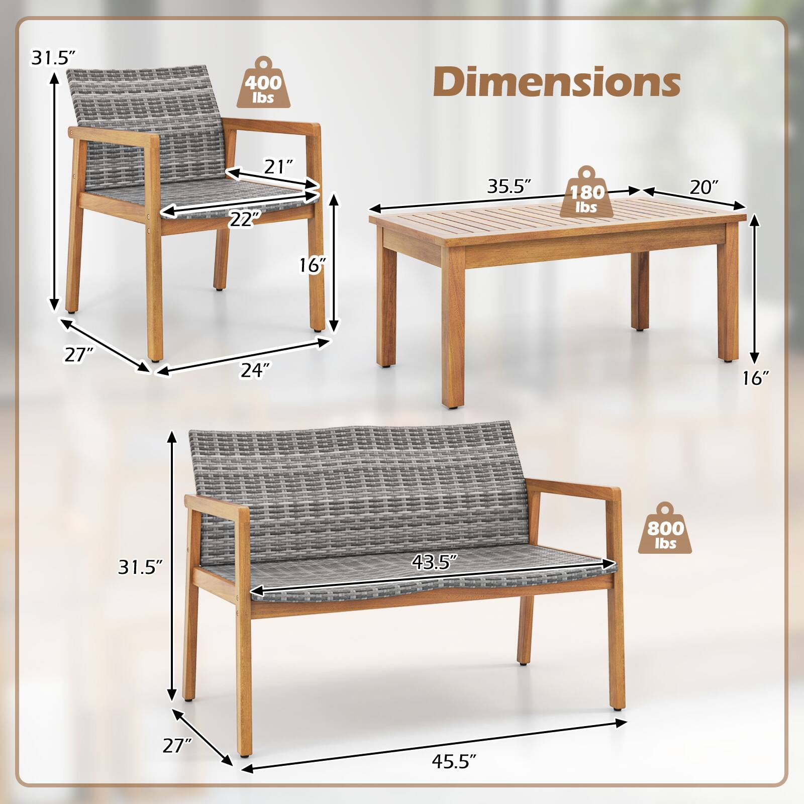 The text on the image reads: "31.5" 400 lbs Dimensions 21" 22" 35.5" 180 lbs 20" 16" 27" 24" 16" 31.5" 43.5" 800 lbs 27" 45.5"".