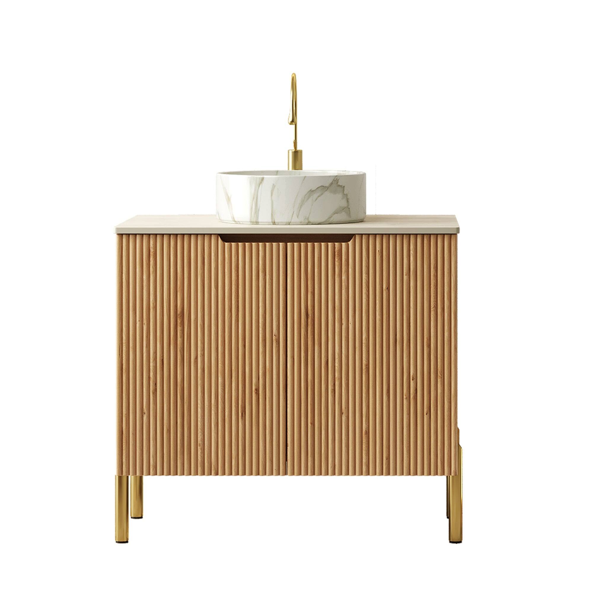 Alt View 4. Boyel Living - 30 Bathroom Vanity with 2 Doors White Basin Stone Pattern Roma Travertine Sintered Stone Top Woodgrain - Natural Wood,White.