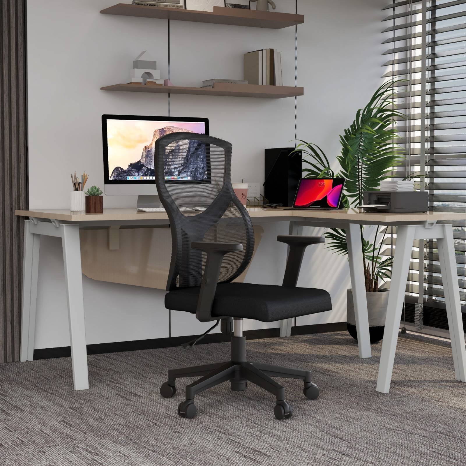 Back. LeisureMod - Glen Office Chair Upholstered Cotton Mid-Back Mesh Computer Chair with Adjustable Height, Swivel and Tilt - Black.
