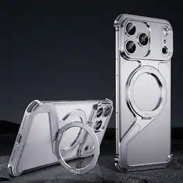 Dteck - Magnetic Metal Bumper Phone Case for Apple iPhone 17 Pro Max, Frameless Shockproof Cooling Cover with Ring Kickstand - Silver