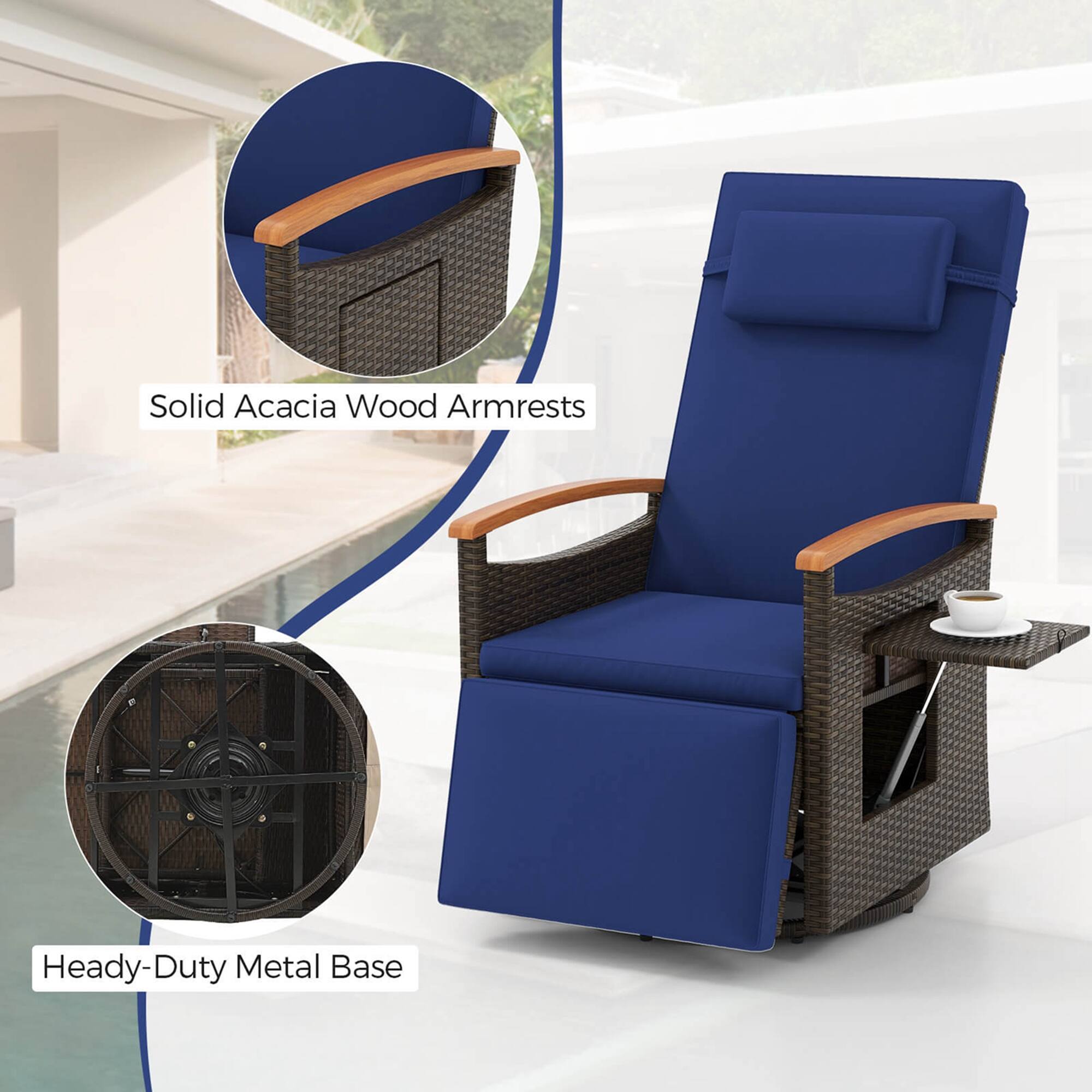 The text on the image is grouped as follows:

1. Solid Acacia Wood Armrests
2. Heavy-Duty Metal Base