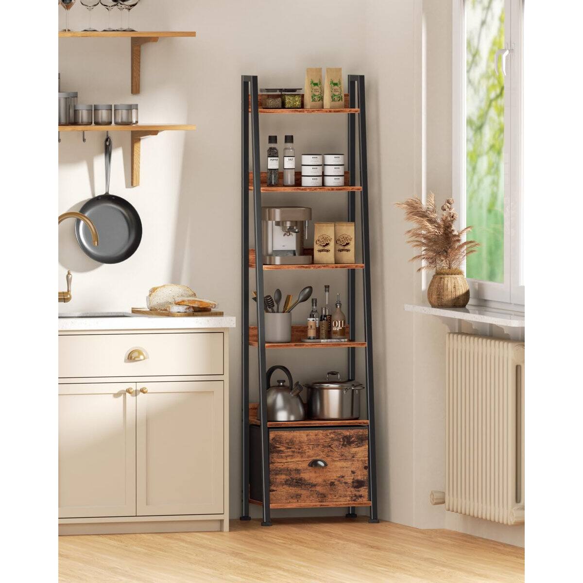 Alt View 1. Furnulem - 5 Tier Ladder Shelf with Storage Drawers Wooden Metal Frame Freestanding Bookcase for Living Room - Brown.