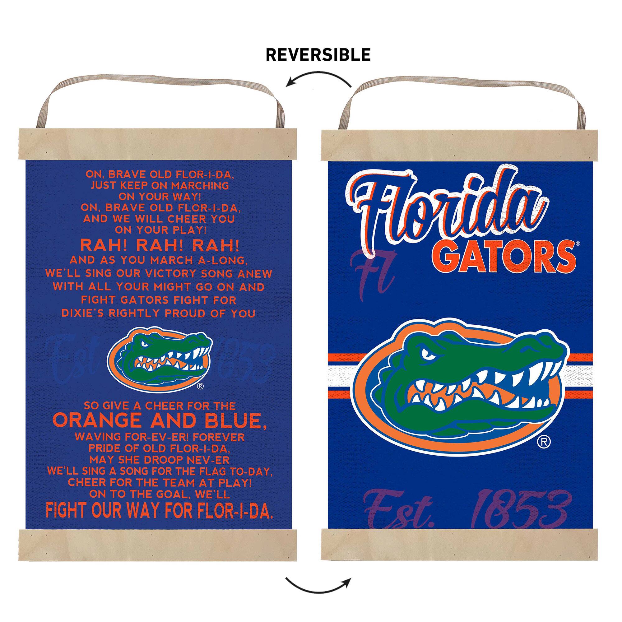 **Front Side:**

ON, BRAVE OLD FLORIDA,  
JUST KEEP ON MARCHING ON YOUR WAY!  
ON, BRAVE OLD FLORIDA,  
AND WE WILL CHEER YOU ON YOUR PLAY!  
RAH! RAH! RAH!  
AND AS YOU MARCH A-LONG,  
WE'LL SING OUR VICTORY SONG ANEW  
WITH ALL YOUR MIGHT GO ON AND FIGHT  
GATORS FIGHT FOR DIXIE'S RIGHTLY PROUD OF YOU  

SO GIVE A CHEER FOR THE  
ORANGE AND BLUE,  
WAVING FOR-EV-ER!  
FOREVER PRIDE OF OLD FLORIDA.  
MAY SHE DROOP NEV-ER  
WE'LL SING A SONG FOR THE FLAG TO-DAY,  
CHEER FOR THE TEAM AT PLAY!  
ON TO THE GOAL. WE'LL FIGHT OUR WAY FOR FLORIDA.  

**Back Side:**

Florida GATORS  
Fst. 1853