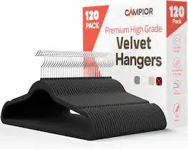 Campior - Velvet Hangers – 120-Pack, 360° Swivel Hook, Non-Slip, Space-Saving, Holds 11 lbs, Smooth Finish - Black