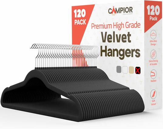 120 PACK CAMPIOR 120 Pack Premium High Grade Velvet Hangers Ultra Slim Design Extra Strong & Durable Noched Soft Velvet