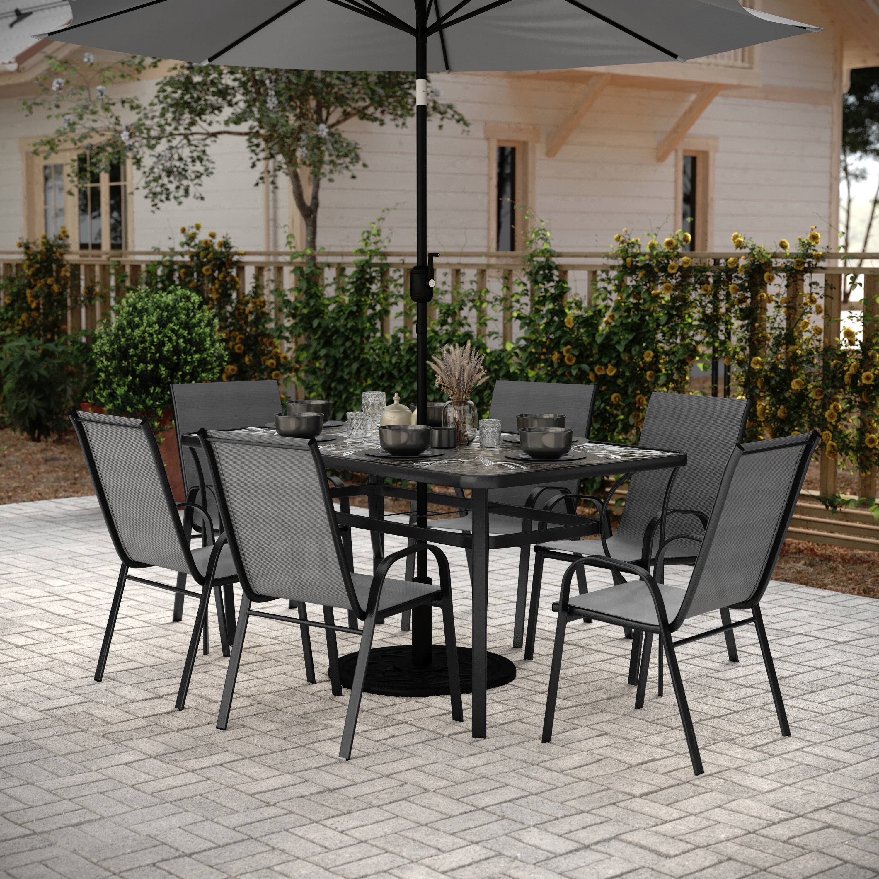 Angle. Flash Furniture - Brazos 7 Piece Commercial Grade Patio Dining Set with Tempered Glass Patio Table and 6 Chairs with Gray Flex Comfort Mat - Gray.
