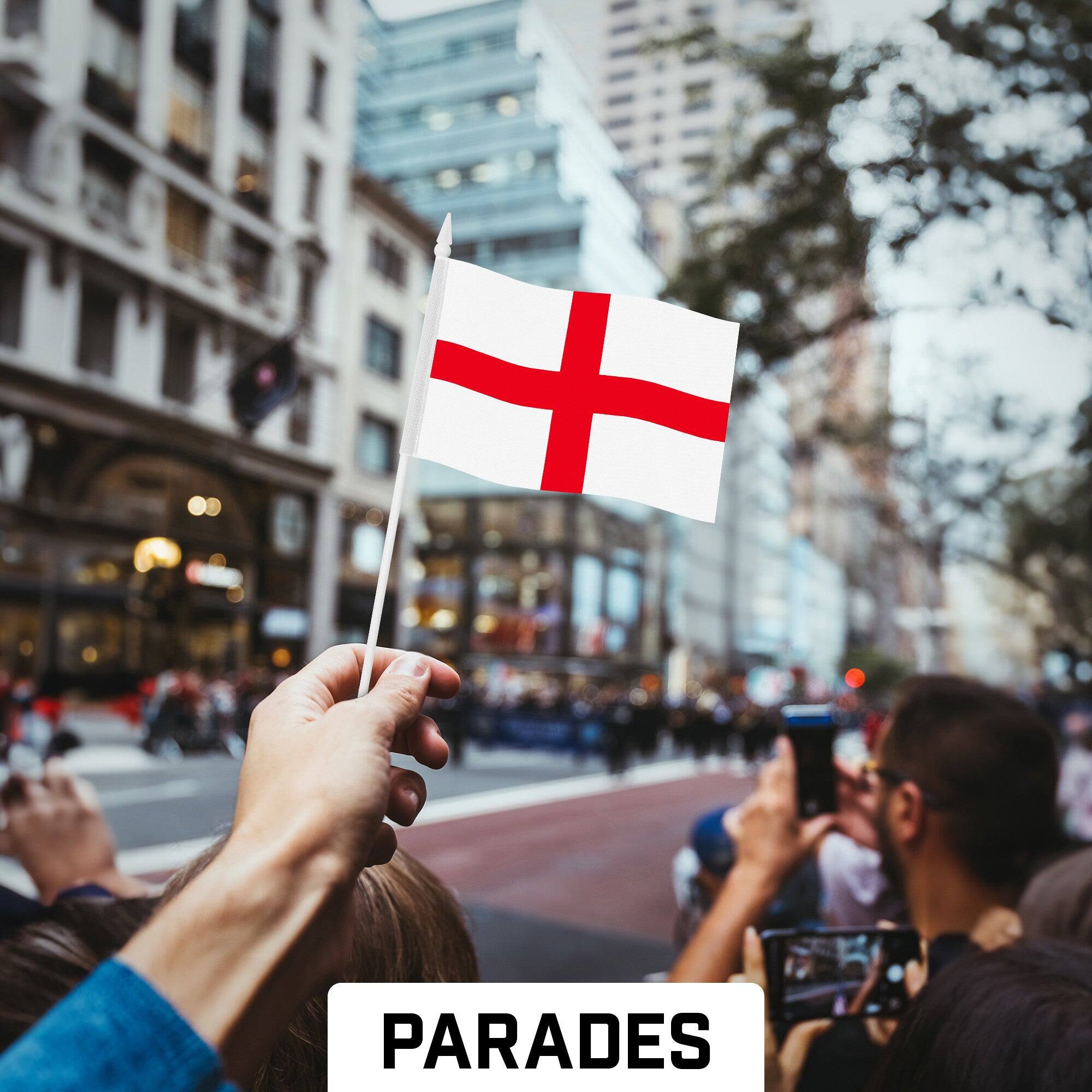 Back. G128 - 50-Pack Handheld England Flags, 4 x 6 in — 150D Polyester with Plastic Stick and Spear Tip. - Assorted Colors.