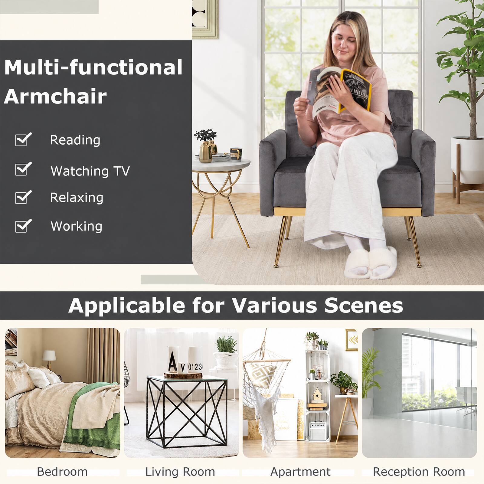 Multi-functional Armchair

- Reading
- Watching TV
- Relaxing
- Working

Applicable for Various Scenes

- Bedroom
- Living Room
- Apartment
- Reception Room