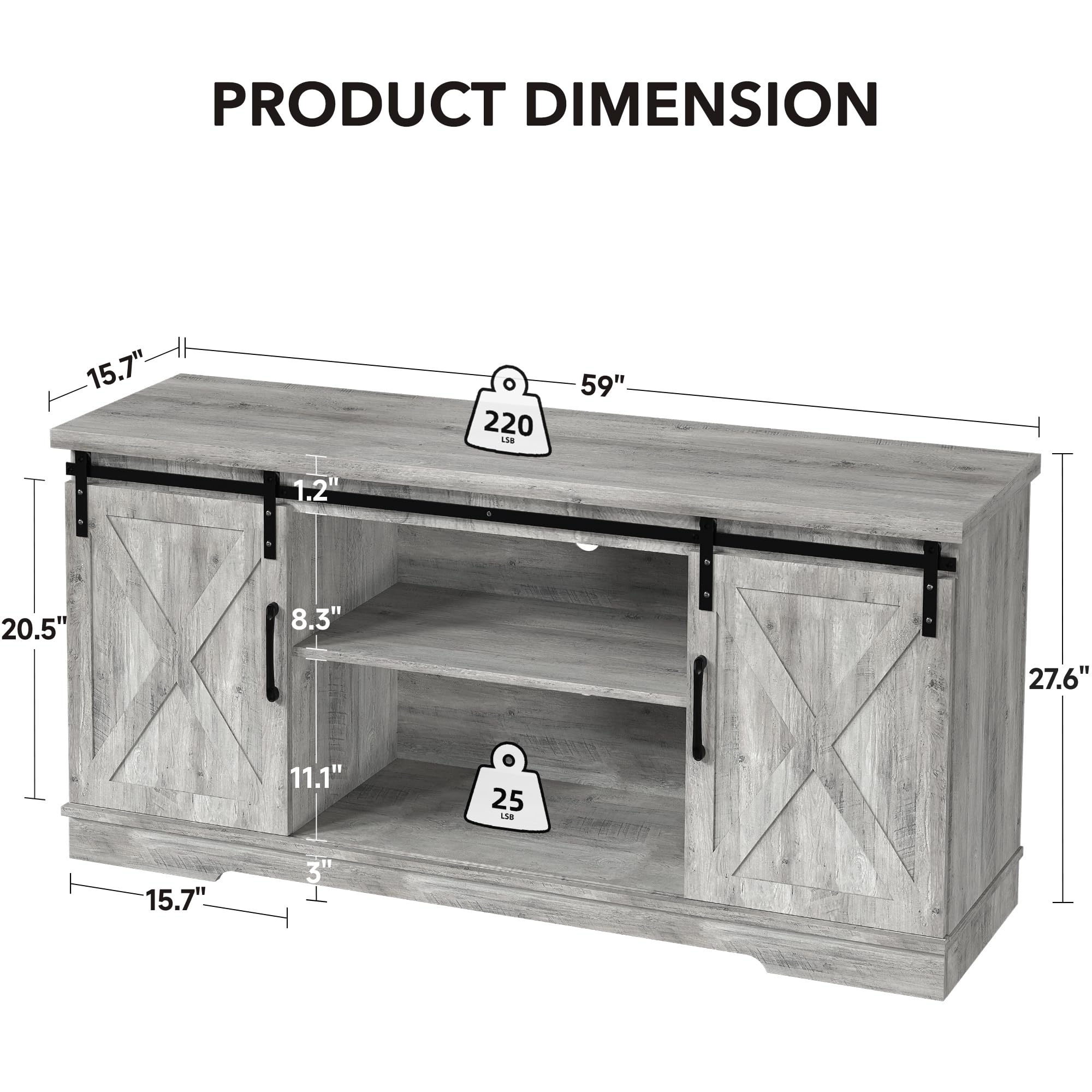 PRODUCT DIMENSION

- Length: 59"
- Width: 15.7"
- Height: 27.6"
- Top Shelf Depth: 20.5"
- Bottom Shelf Depth: 8.3"
- Drawer Height: 11.1"
- Drawer Depth: 15.7"
- Drawer Handle Height: 1.2"
- Drawer Handle Width: 3"
- Top Shelf Load Capacity: 220 lbs
- Bottom Shelf Load Capacity: 25 lbs