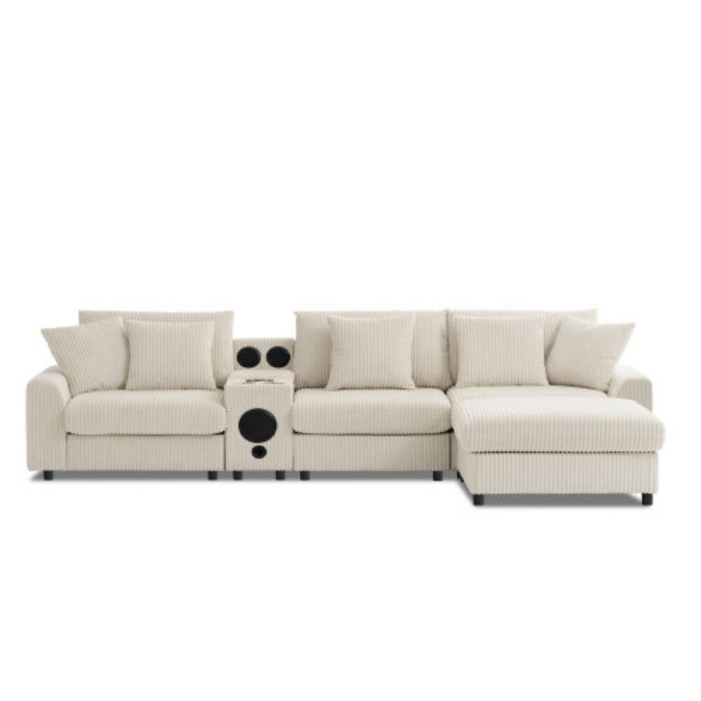 Alt View 5. LUCKY ONE - 112" L-Shaped Corduroy Modular Sectional Sofa w/ Bluetooth Speakers USB Storage Ottoman - Cream.