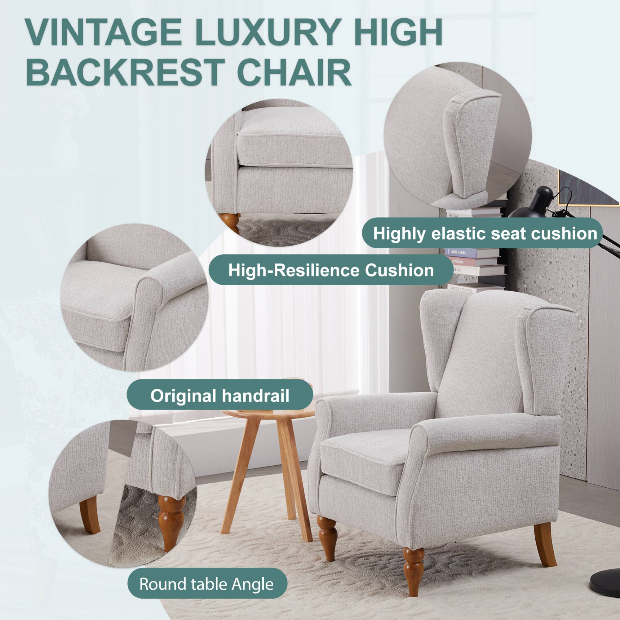 VINTAGE LUXURY HIGH BACKREST CHAIR

- Highly elastic seat cushion
- High-Resilience Cushion
- Original handrail
- Round table Angle