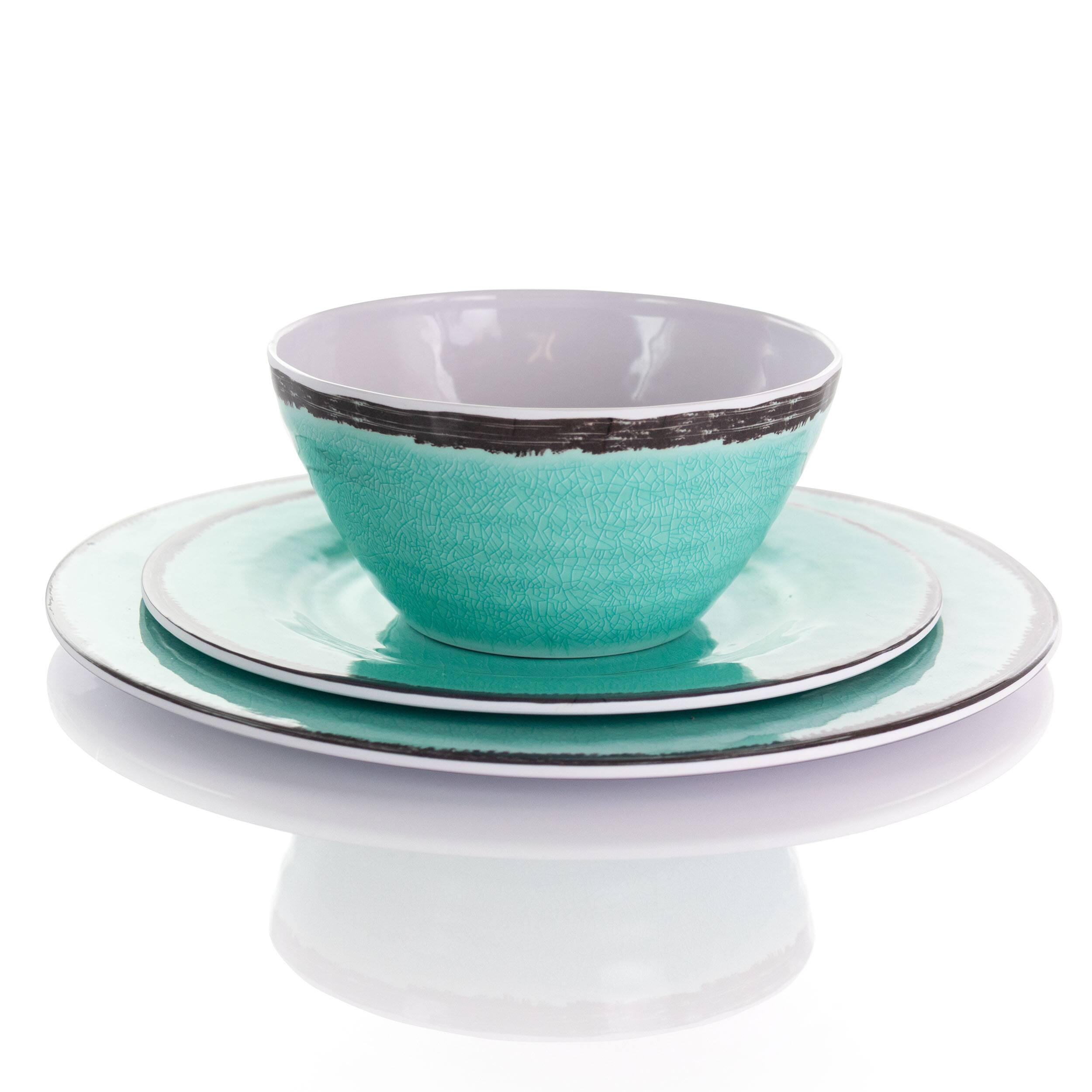 Angle. Elama - Elama Azul Banquet 12 Piece Lightweight Melamine Dinnerware Set in Turquoise - Blue.