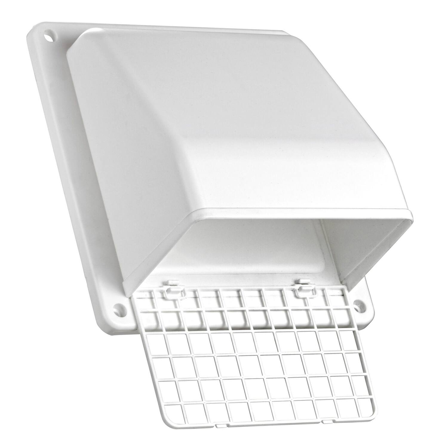 Back. Lambro - 6" Plastic Wall Exhaust or Air Intake Vent with Hinged Screen, Removable Damper, 1.25" Collar, Model 3510.
