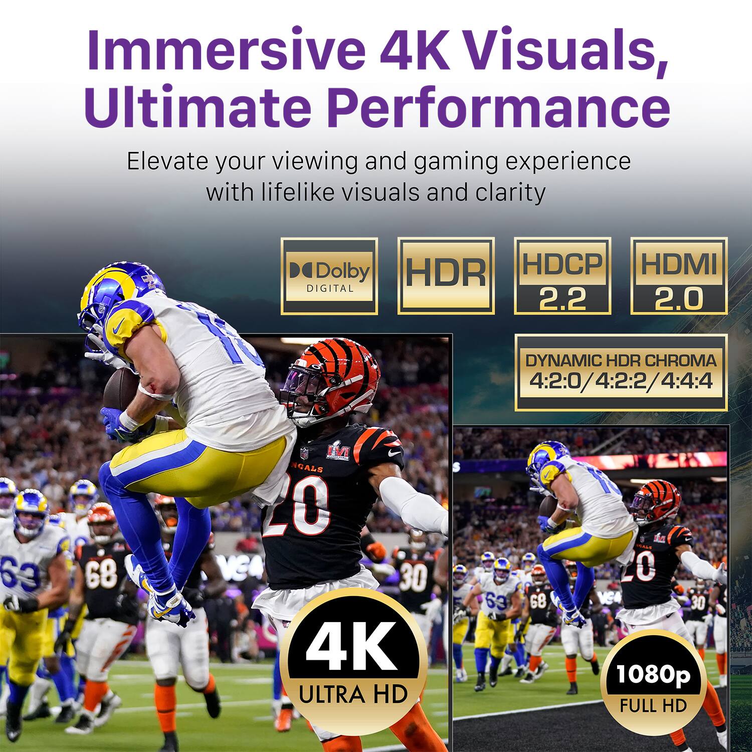 Immersive 4K Visuals, Ultimate Performance Elevate your viewing and gaming experience with lifelike visuals and clarity. Dolby Digital, HDR, HDCP 2.2, HDMI 2.0, Dynamic HDR Chroma 4:2:0/4:2:2/4:4:4, 4K Ultra HD, 1080p Full HD.