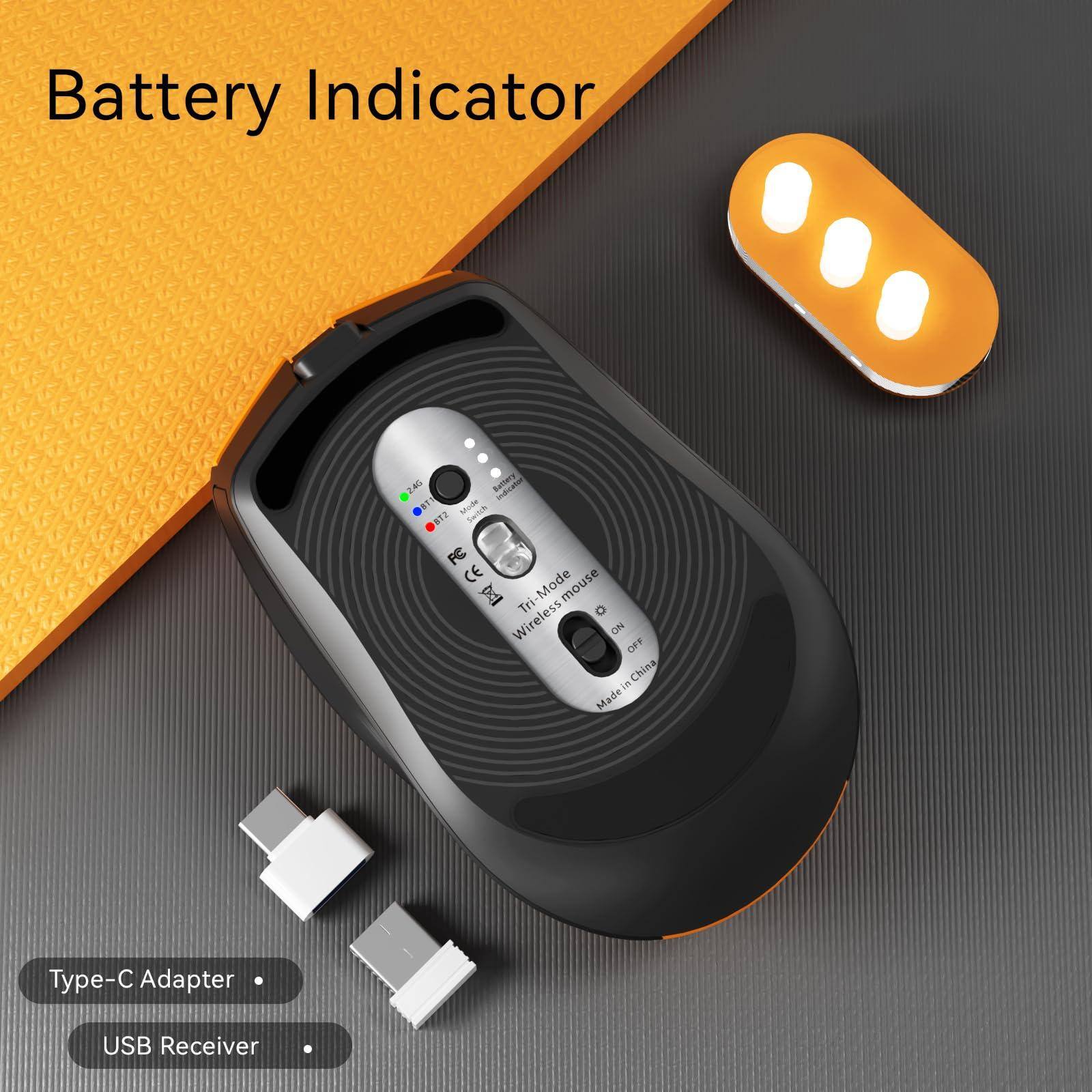 Battery Indicator

Type-C Adapter

USB Receiver

Tri-Mode Wireless Mouse

ON OFF

Made in China

Battery Indicator

AG13

Switch

Tri-Mode