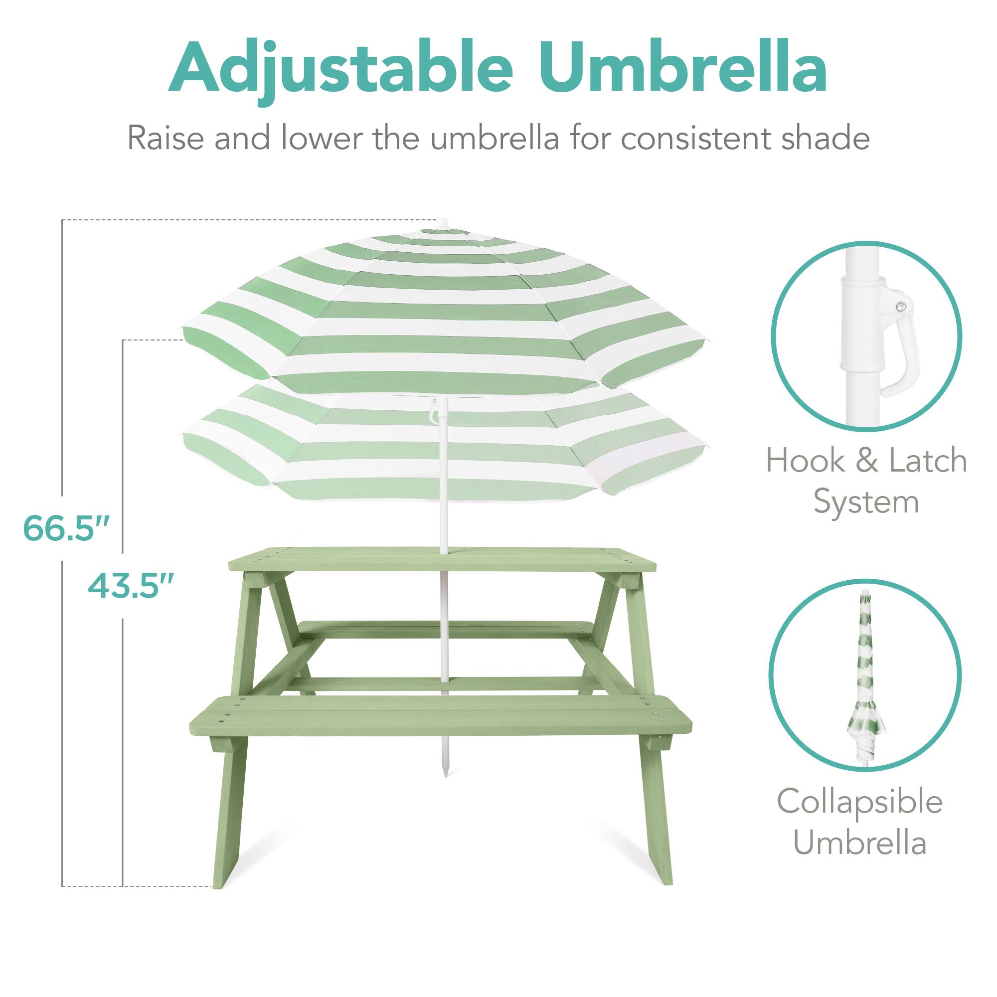 Adjustable Umbrella  
Raise and lower the umbrella for consistent shade  

66.5"  
43.5"  

Hook & Latch System  
Collapsible Umbrella