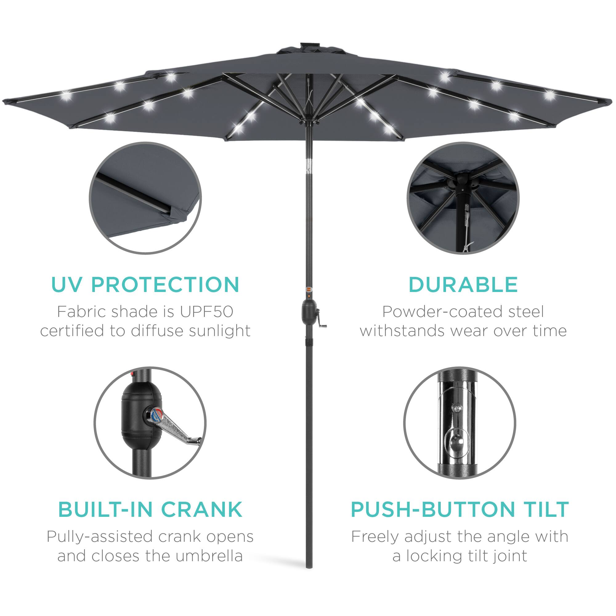 UV PROTECTION  
Fabric shade is UPF50 certified to diffuse sunlight  

DURABLE  
Powder-coated steel withstands wear over time  

BUILT-IN CRANK  
Pully-assisted crank opens and closes the umbrella  

PUSH-BUTTON TILT  
Freely adjust the angle with a locking tilt joint