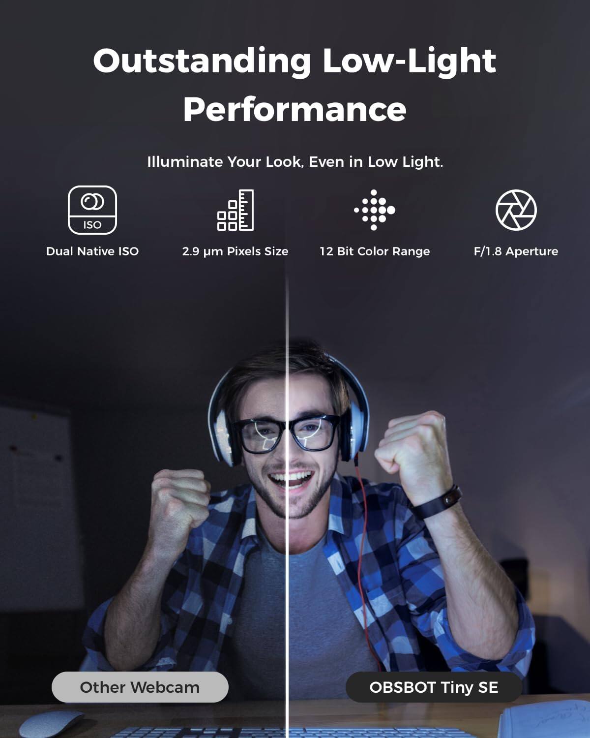 Outstanding Low-Light Performance  
Illuminate Your Look, Even in Low Light.  
- Dual Native ISO  
- 2.9 µm Pixels Size  
- 12 Bit Color Range  
- F/1.8 Aperture  

Other Webcam  
OBSBOT Tiny SE