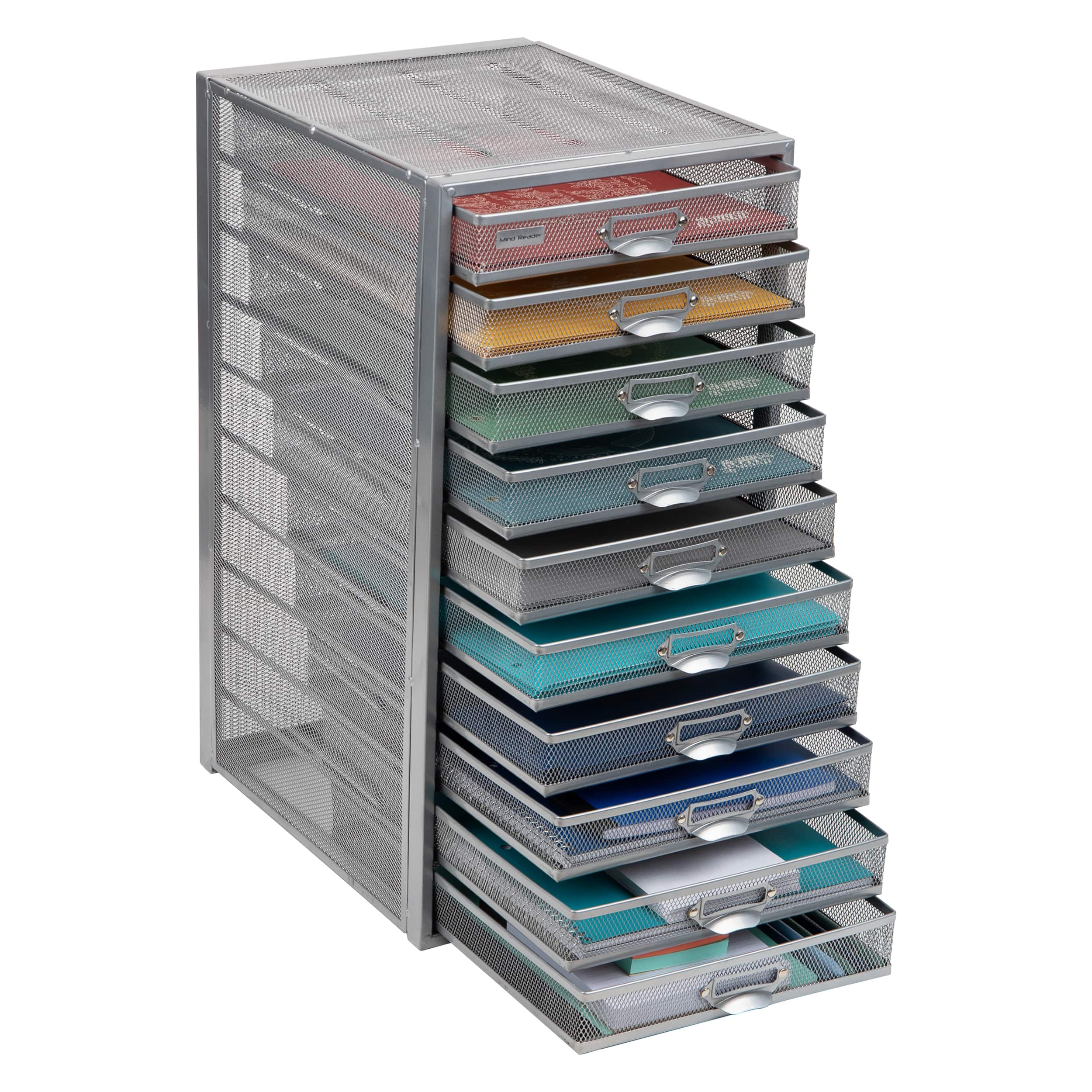 Front. Mind Reader - File Storage Drawers, Desk Organizer, Multi-Purpose, Crafts, Office, Metal Mesh, 10.75"L x 14"W x 21.25"H, Silver - Silver.