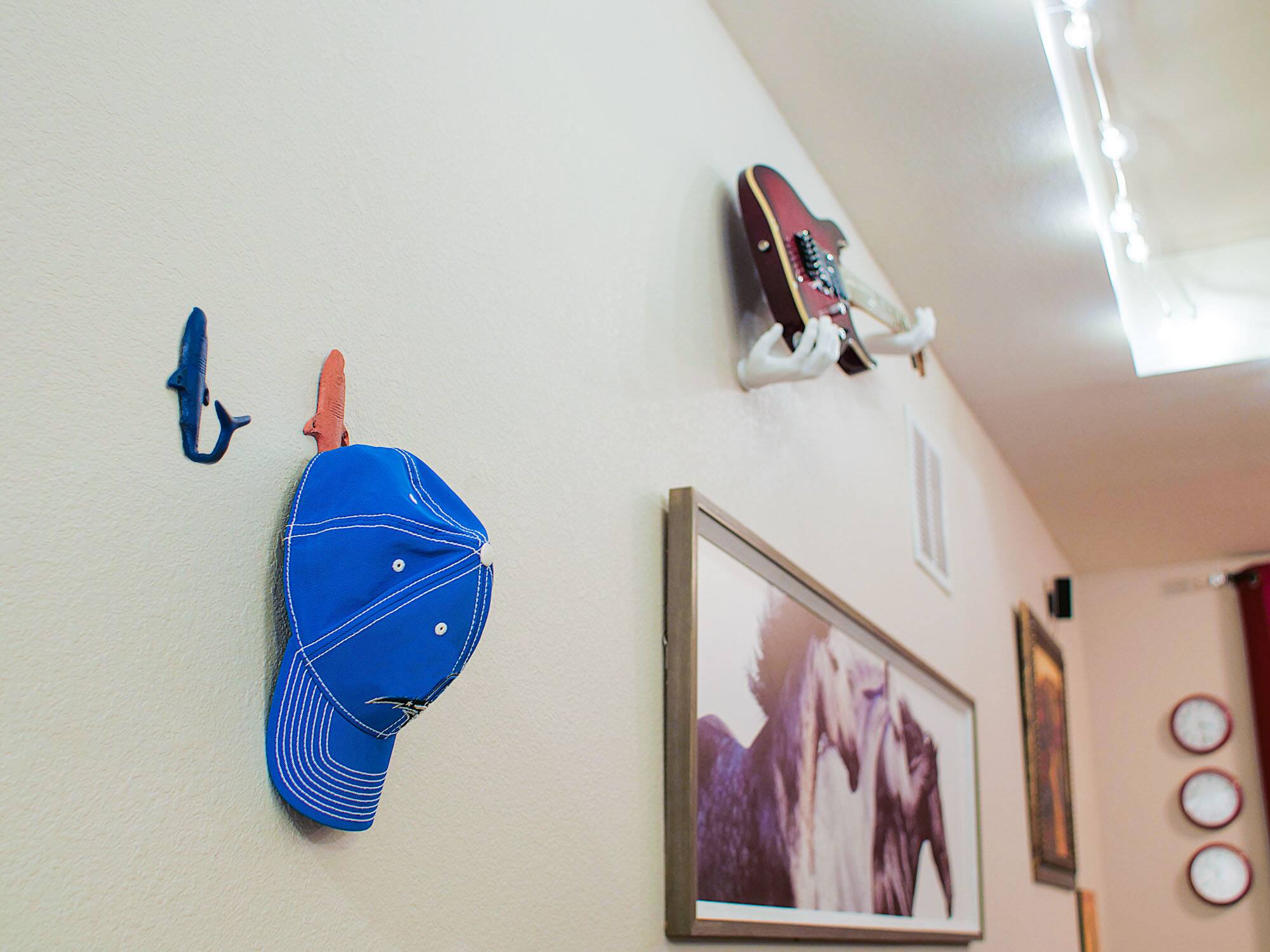 Alt View 3. Zeckos - 4 Piece Distressed Finish Cast Iron Shark Wall Hook Set Coastal Beach Colors - Multicolored.