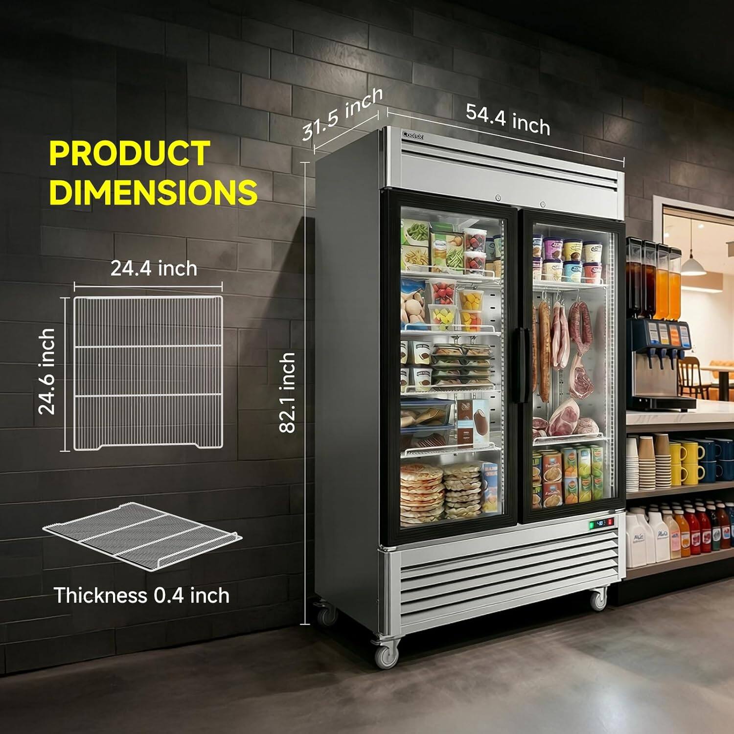 PRODUCT DIMENSIONS

- Height: 54.4 inch
- Width: 31.5 inch
- Depth: 24.4 inch
- Shelf Depth: 24.6 inch
- Thickness: 0.4 inch