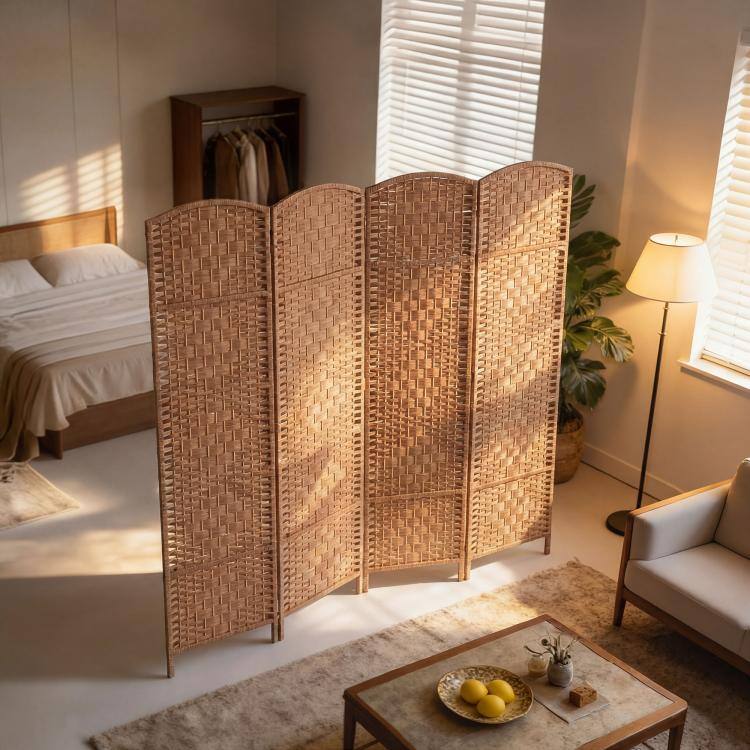Alt View 7. PULUZ - Room Divider 4 Panel, 6FT Tall Folding Privacy Screen, Freestanding Hand-Woven Partition for Room Separation - Natural.